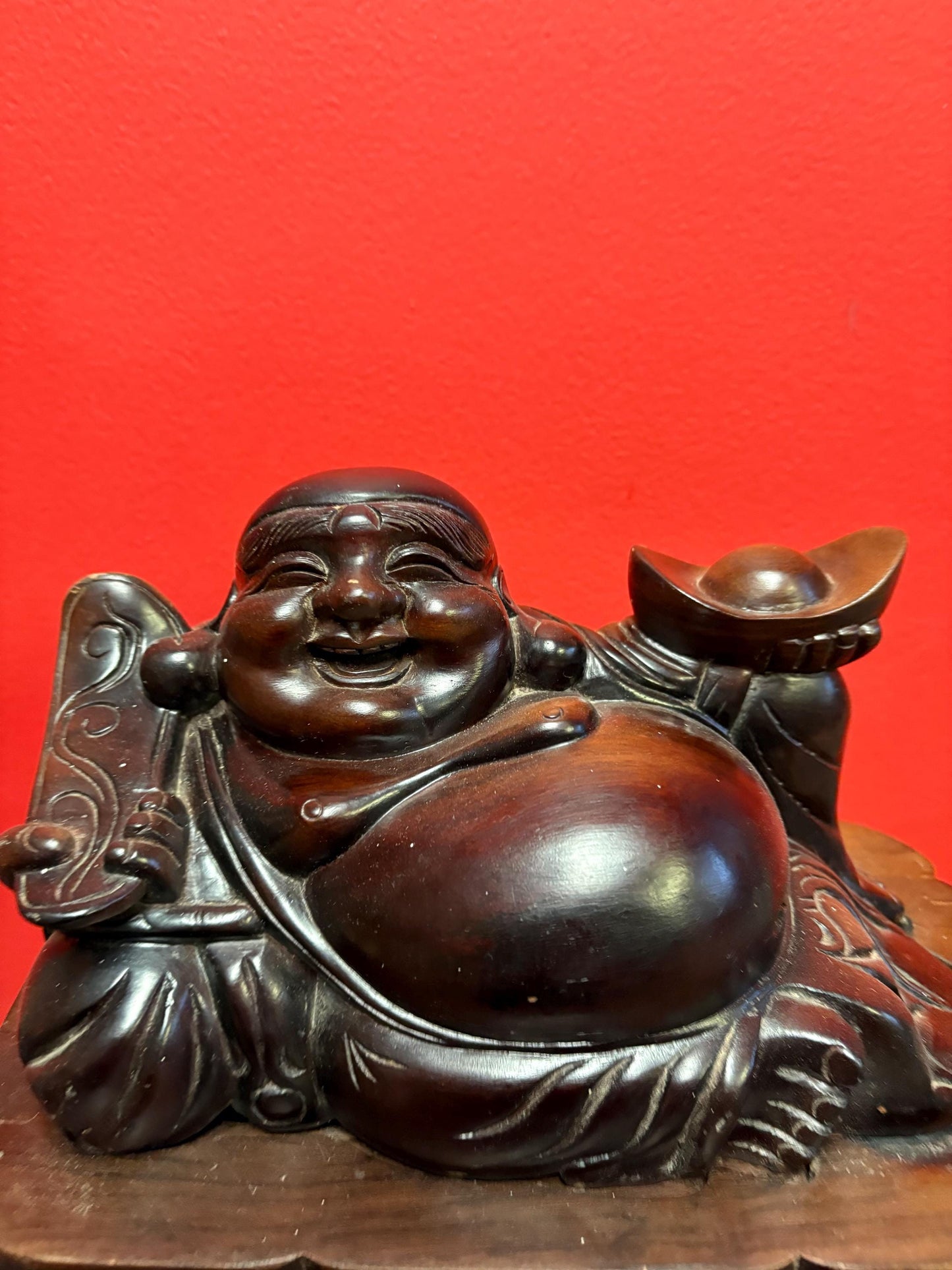 Super cool Chinese Buddha wooden on stand  10 x 8 inch high  unusual  Heavy