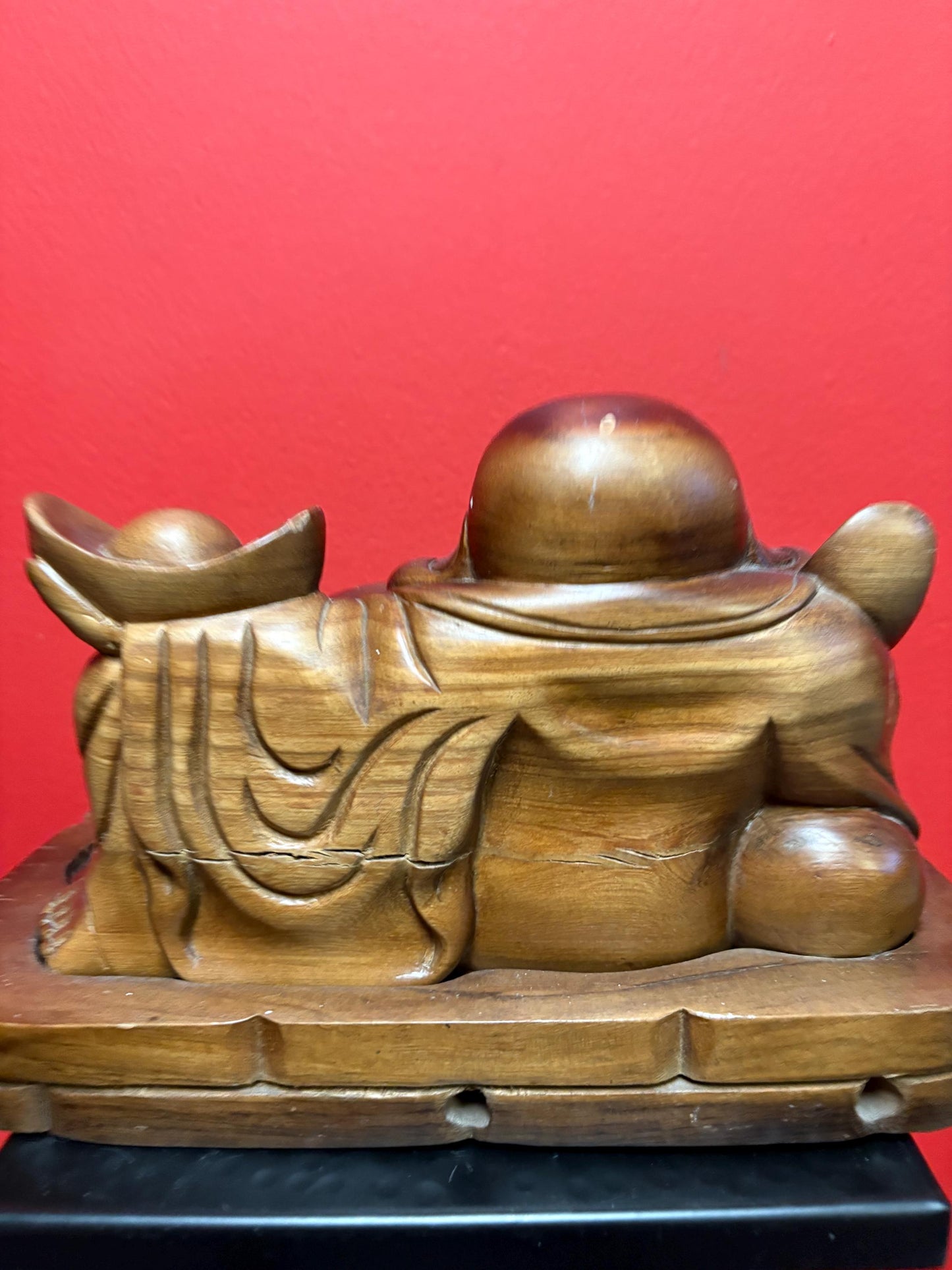 Super cool Chinese Buddha wooden on stand  10 x 8 inch high  unusual  Heavy