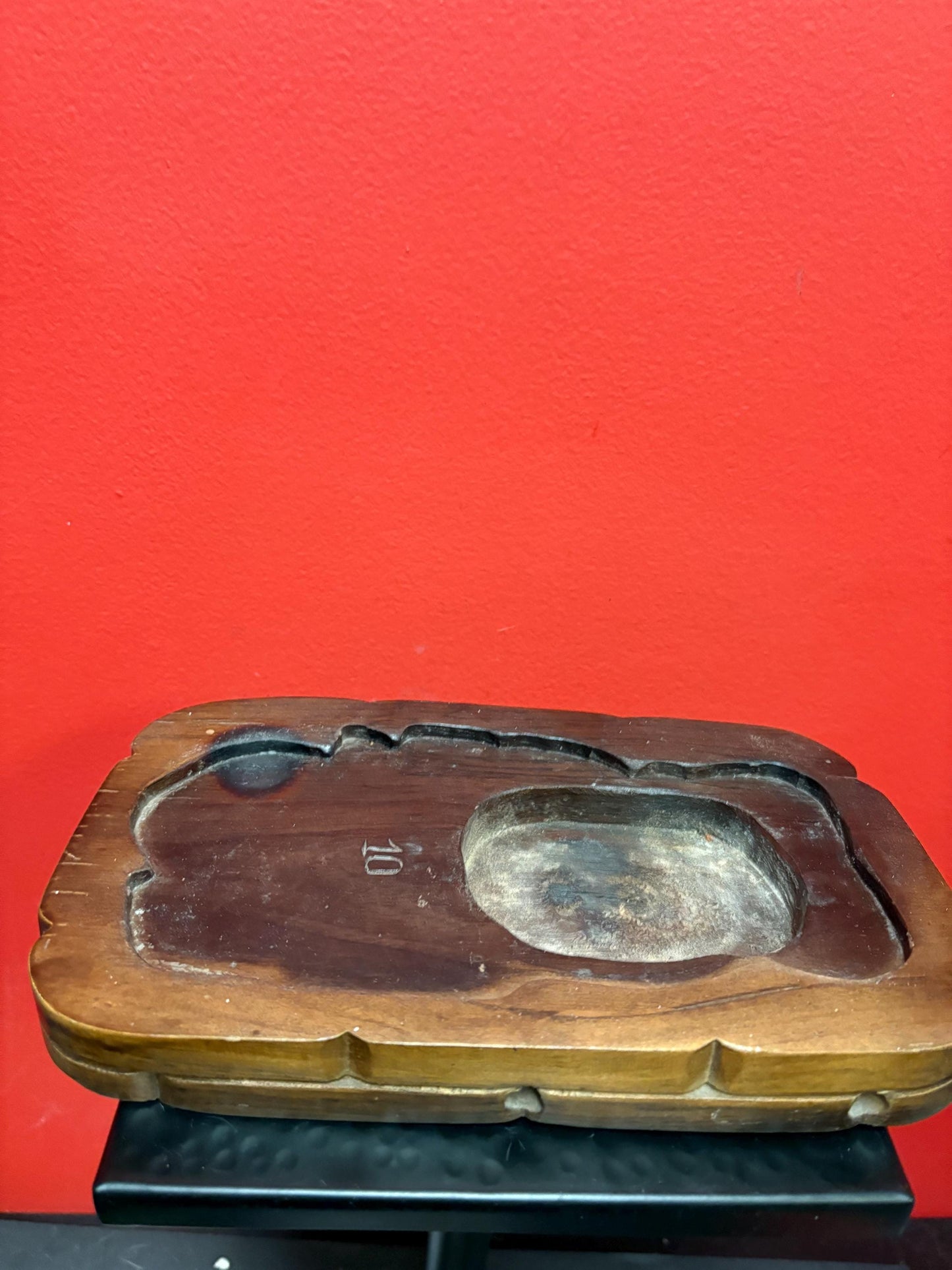 Super cool Chinese Buddha wooden on stand  10 x 8 inch high  unusual  Heavy