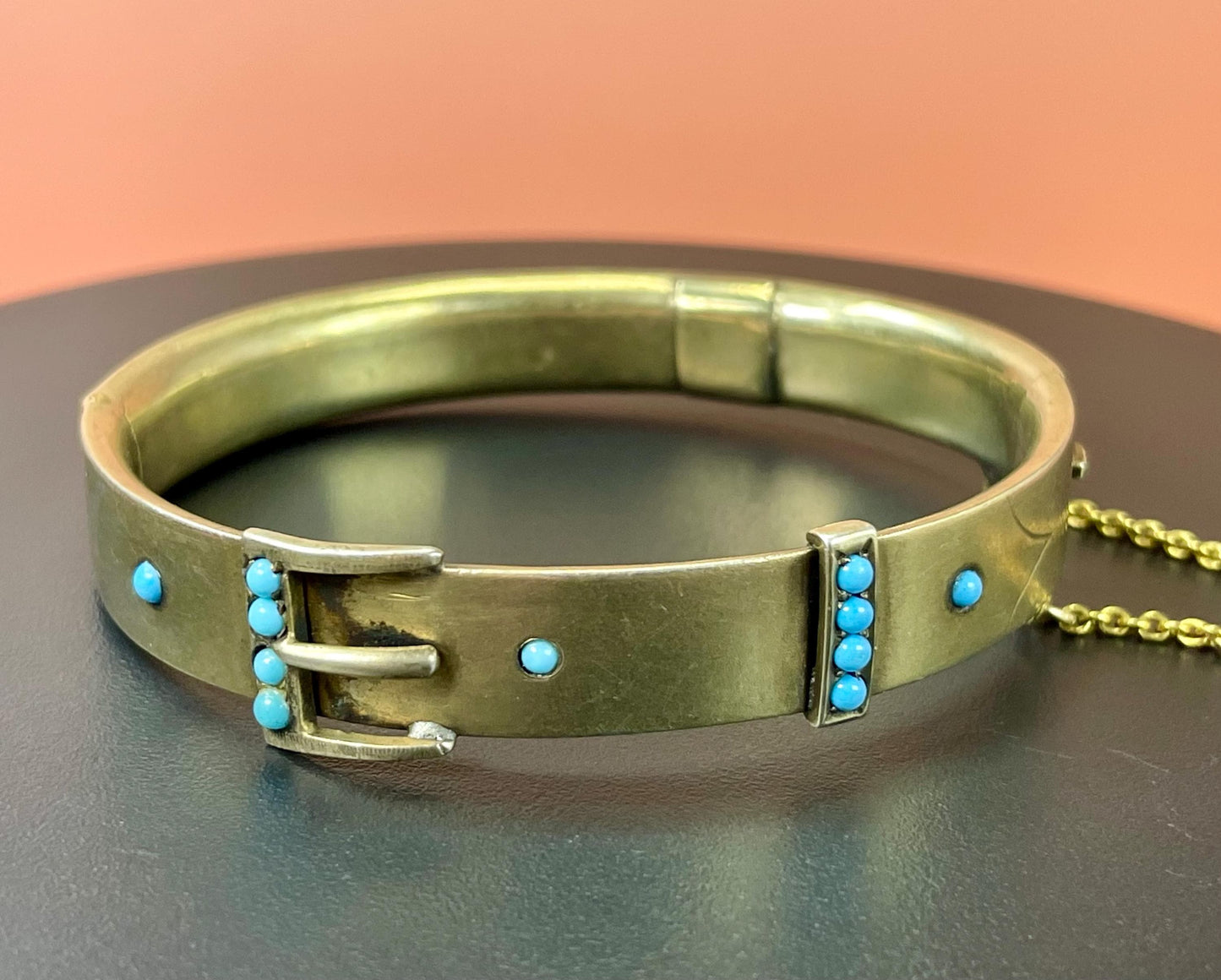 2.25 inch Untested Gold and Turquoise Buckle Bracelet  nice detail  good gift