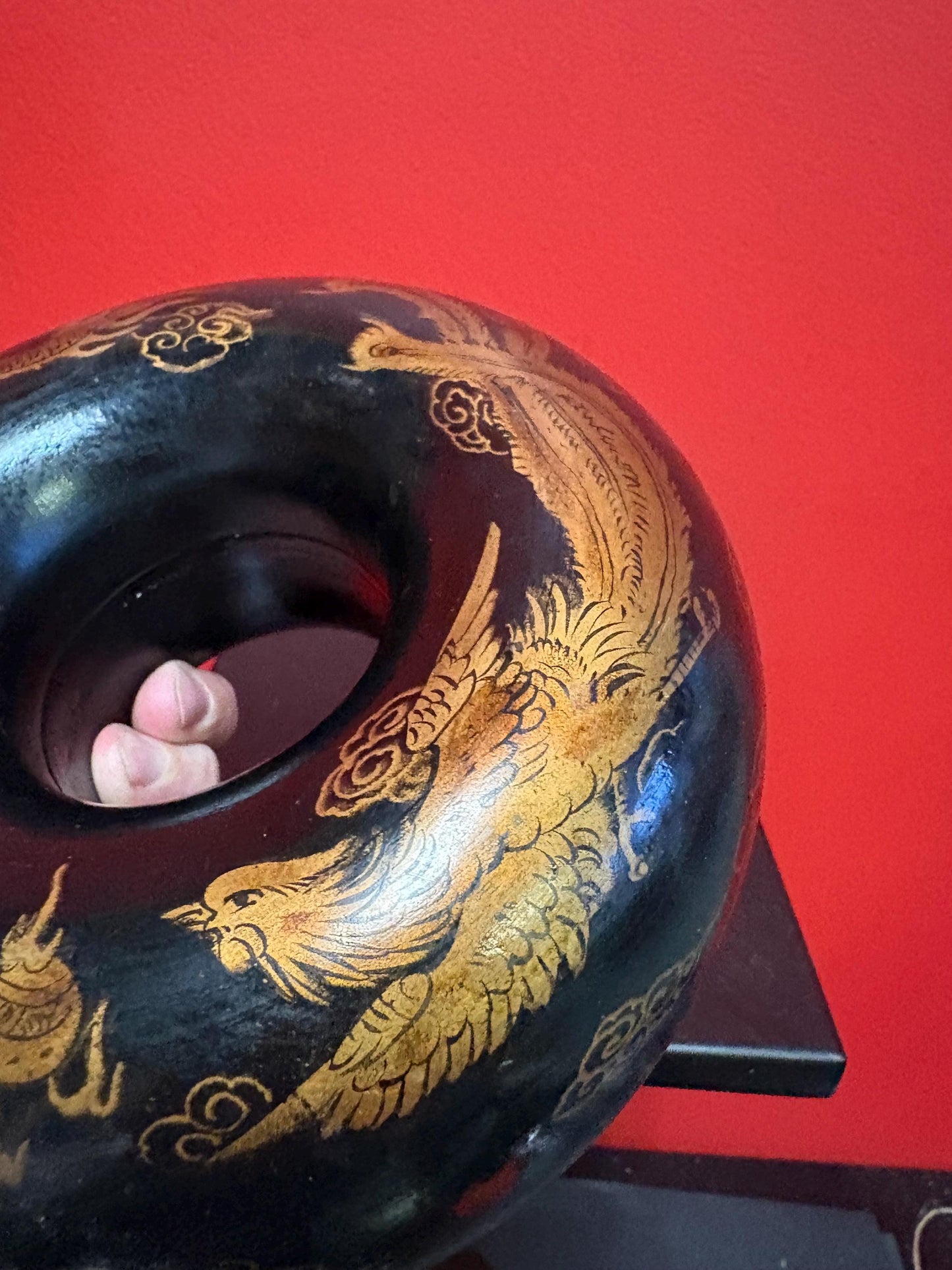 Fabulous antique Asian Chinese  lacquer child collar box  great condition  latch  as is  dragon and phoenix in fight motif   7 x 4 tall