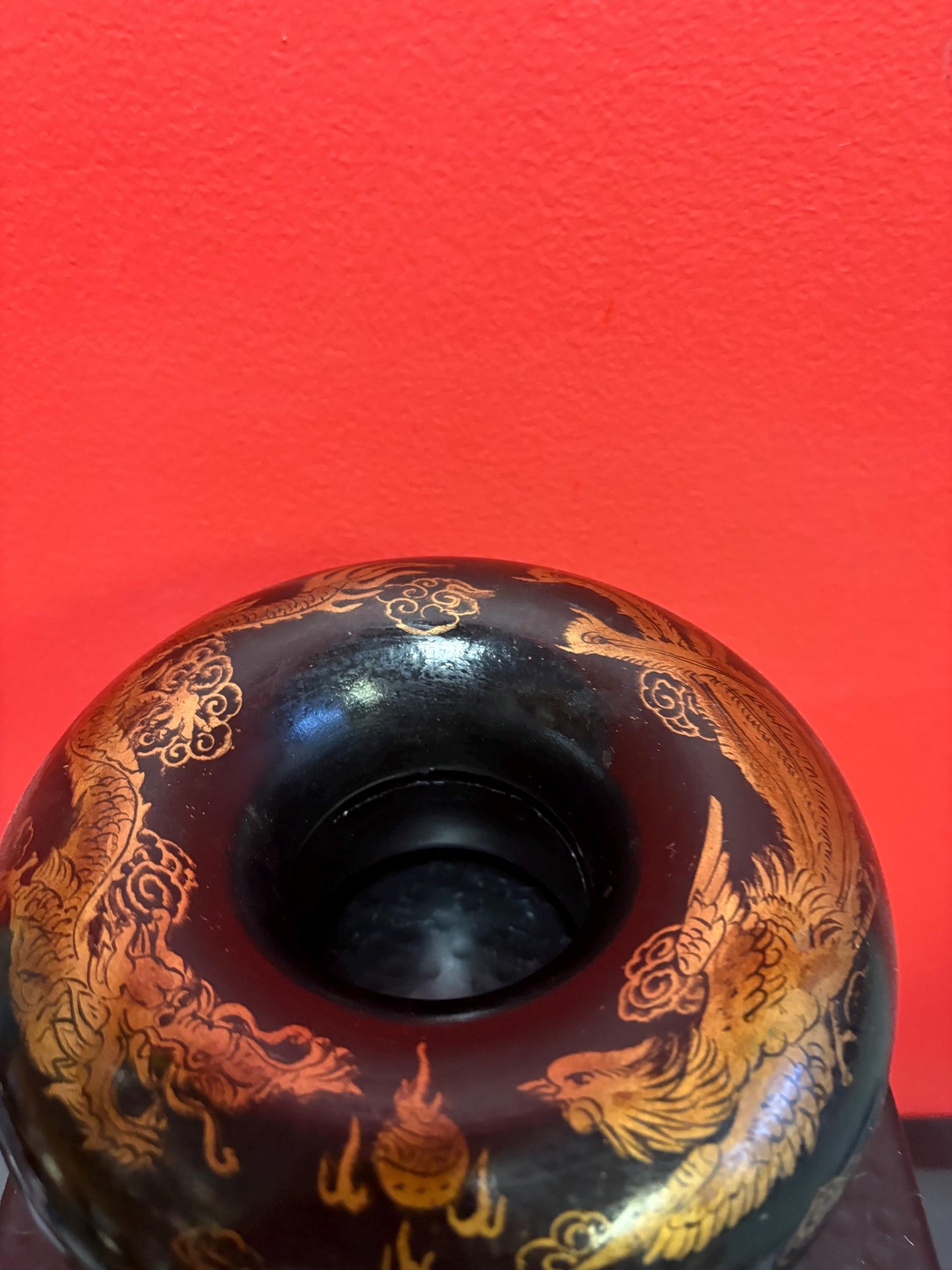 Fabulous antique Asian Chinese  lacquer child collar box  great condition  latch  as is  dragon and phoenix in fight motif   7 x 4 tall