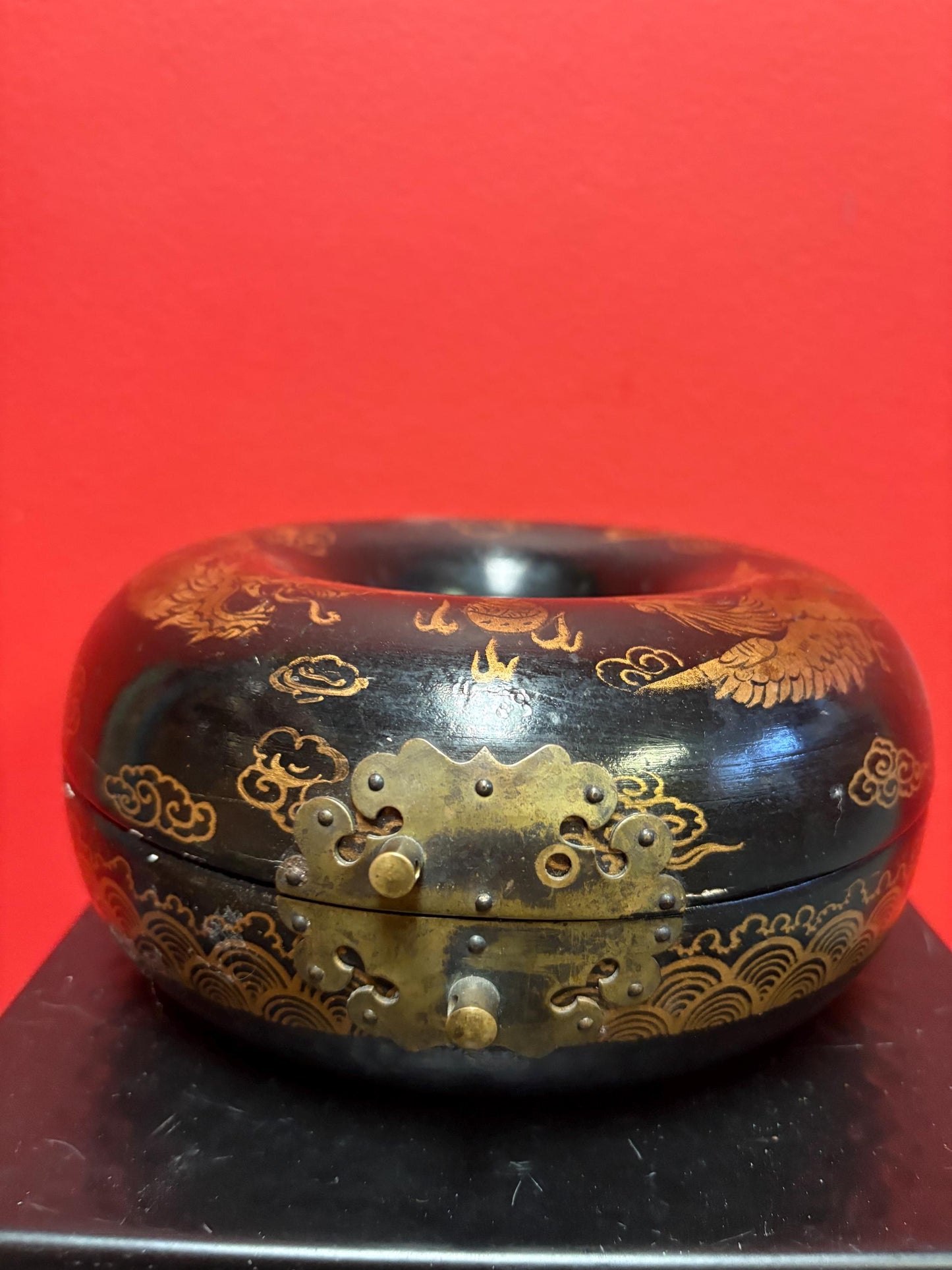 Fabulous antique Asian Chinese  lacquer child collar box  great condition  latch  as is  dragon and phoenix in fight motif   7 x 4 tall