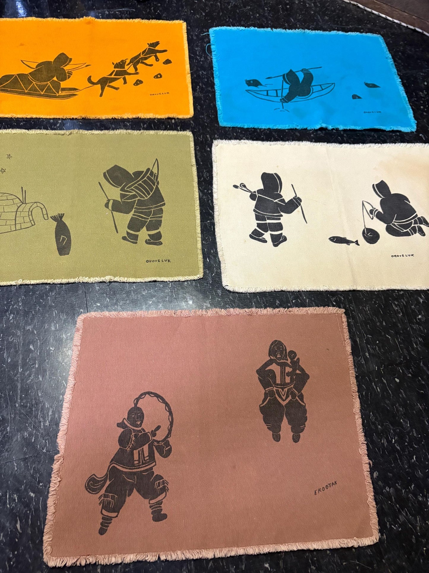Set 5 Canadian Inuit linen MCM place mats  lovely quality and signed  price for set - 15 x 12 inch