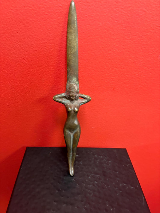 Amazing 10 inch long antique trench art nude Lady letter opener  wonderful patina  great gift