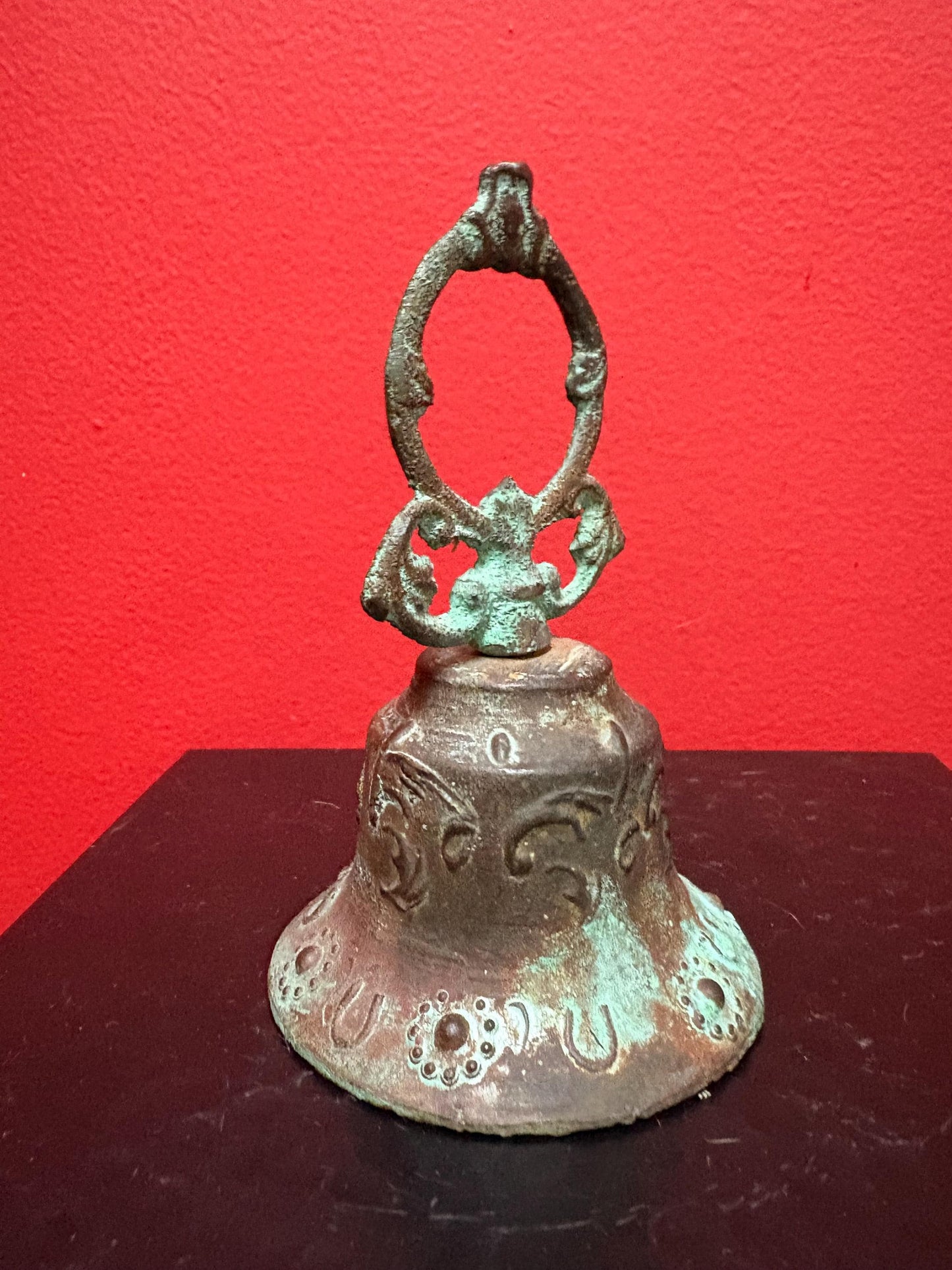 5 inch tall ancient bronze bell with great sound and amazing patina  wonderful piece and good value