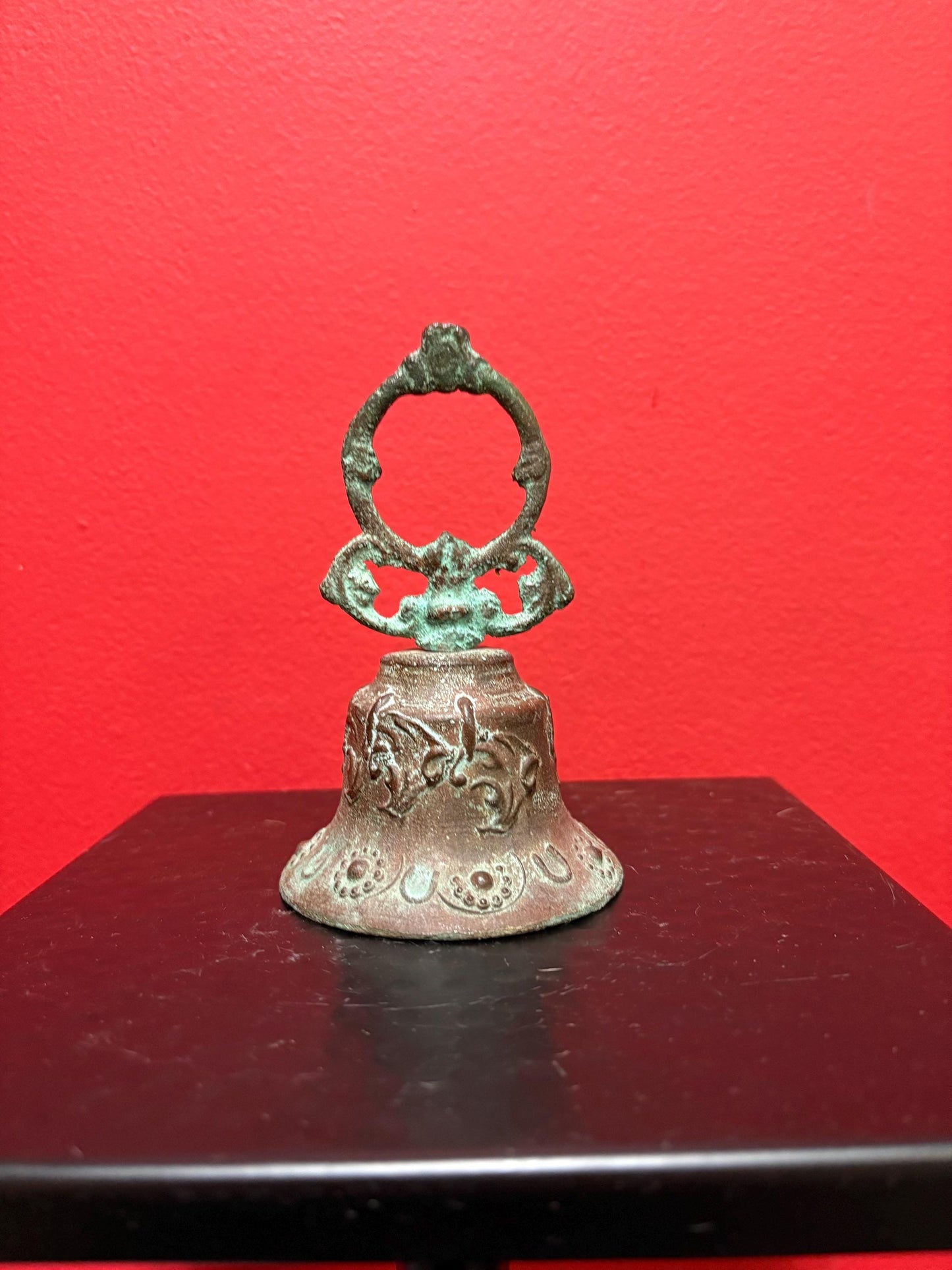 5 inch tall ancient bronze bell with great sound and amazing patina  wonderful piece and good value