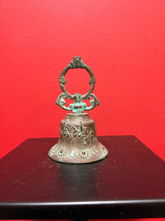 5 inch tall ancient bronze bell with great sound and amazing patina  wonderful piece and good value