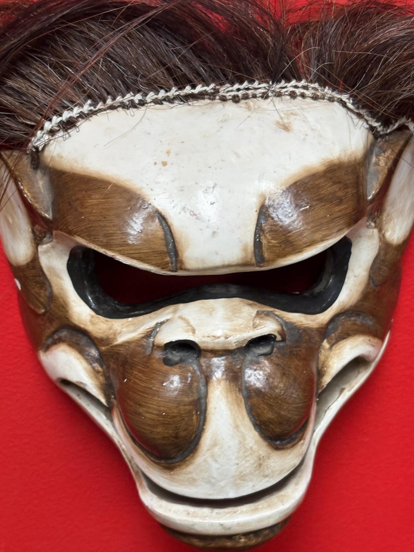 Lovely 9 inch Asian monkey mask  wooden with hair and reticulating jaw older cool piece