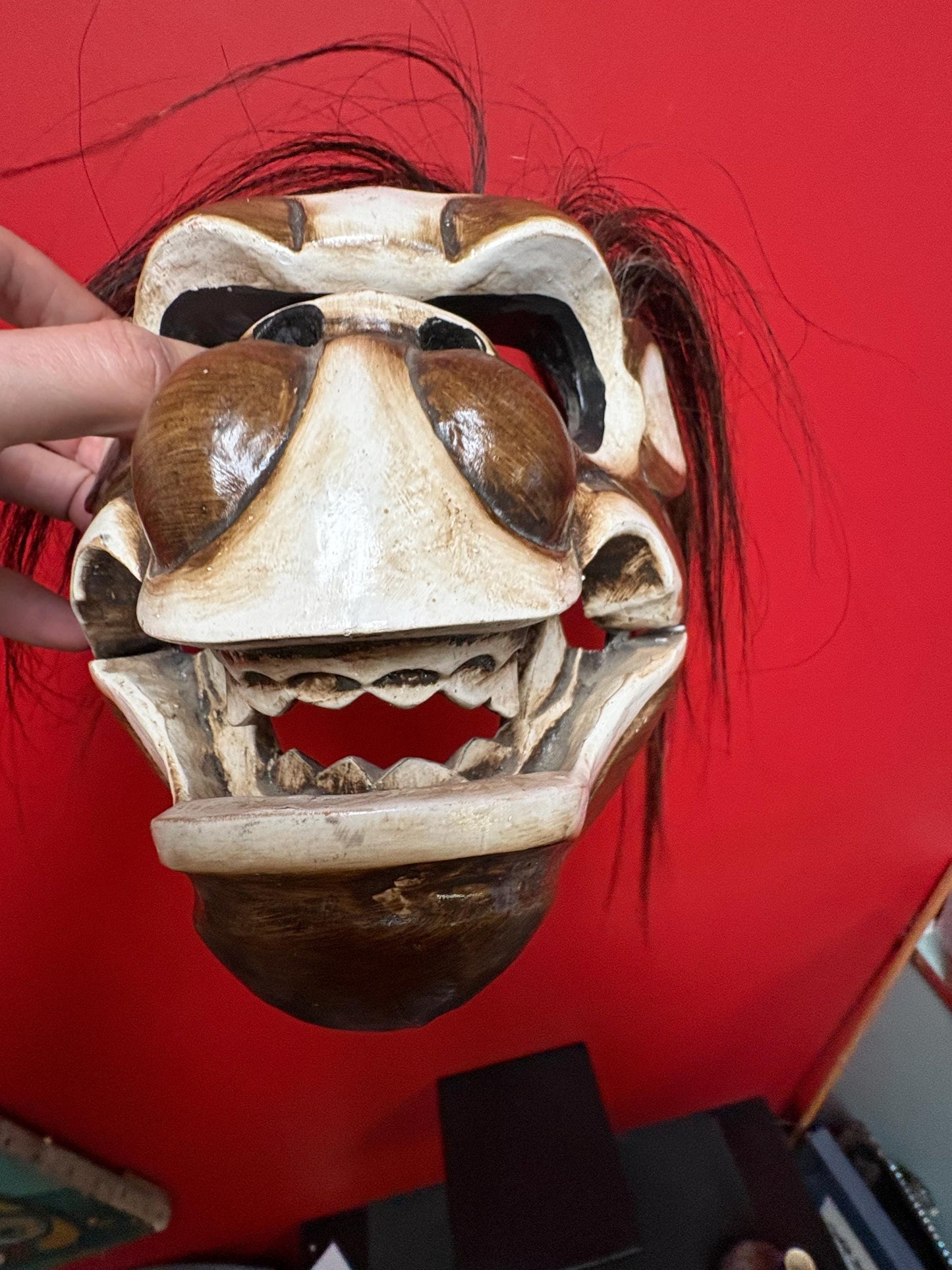 Lovely 9 inch Asian monkey mask  wooden with hair and reticulating jaw older cool piece