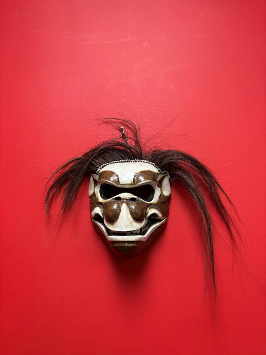 Lovely 9 inch Asian monkey mask  wooden with hair and reticulating jaw older cool piece