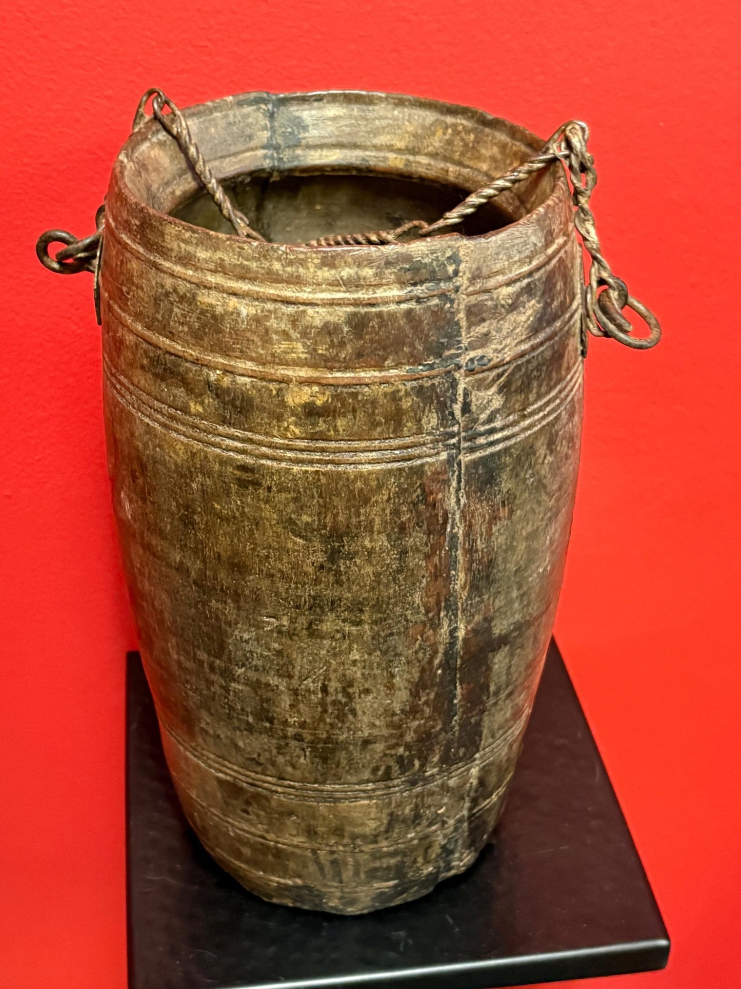 Museum quality 13 inch tall 18 century African water bucket   wonderful patina African historical piece  wow