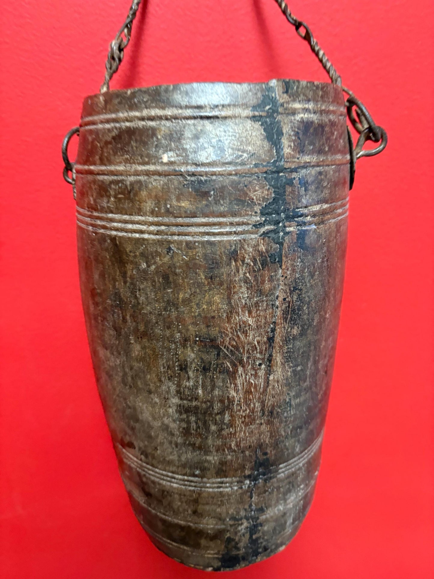 Museum quality 13 inch tall 18 century African water bucket   wonderful patina African historical piece  wow