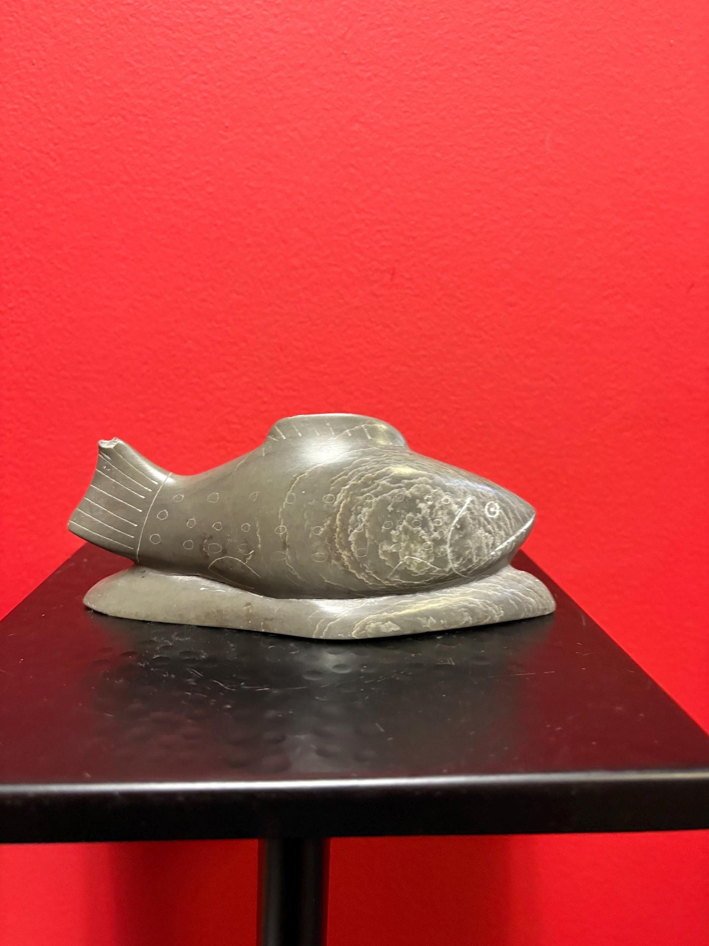 Lovely 7 x 3 high indigenous Inuit soapstone signed salmon   chip on tail good value