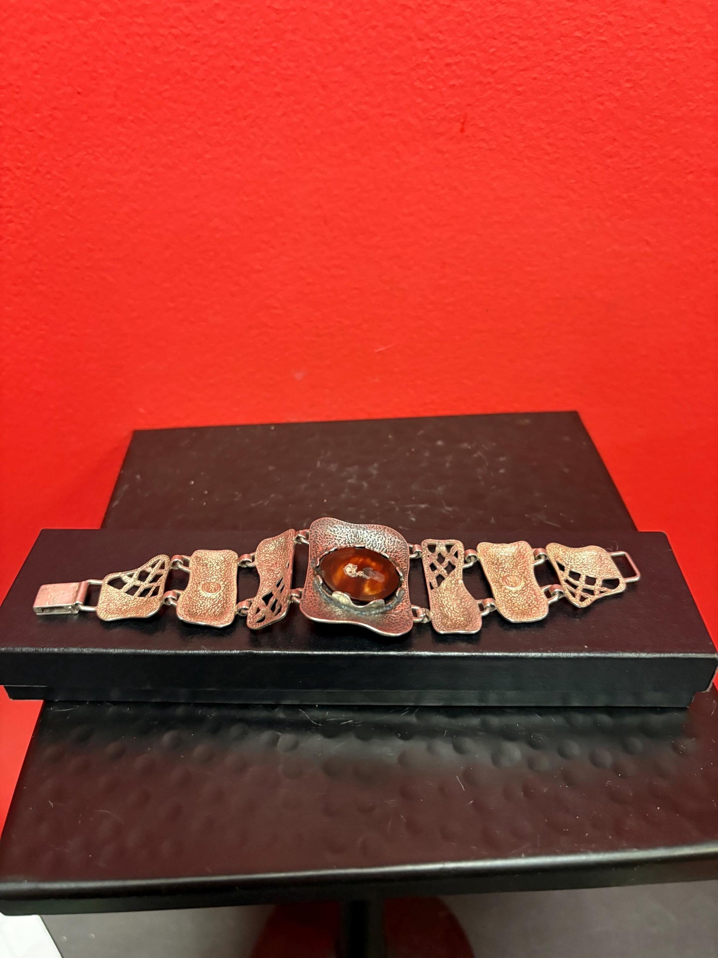 A 7 inch long stunning art nouveau signed sterling silver bracelet with cartouche  wonderful quality  antique beauty - B