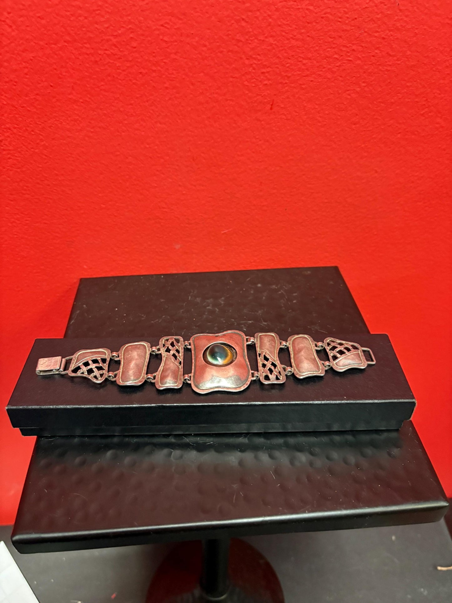 A 7 inch long stunning art nouveau signed sterling silver bracelet with cartouche  wonderful quality  antique beauty - B