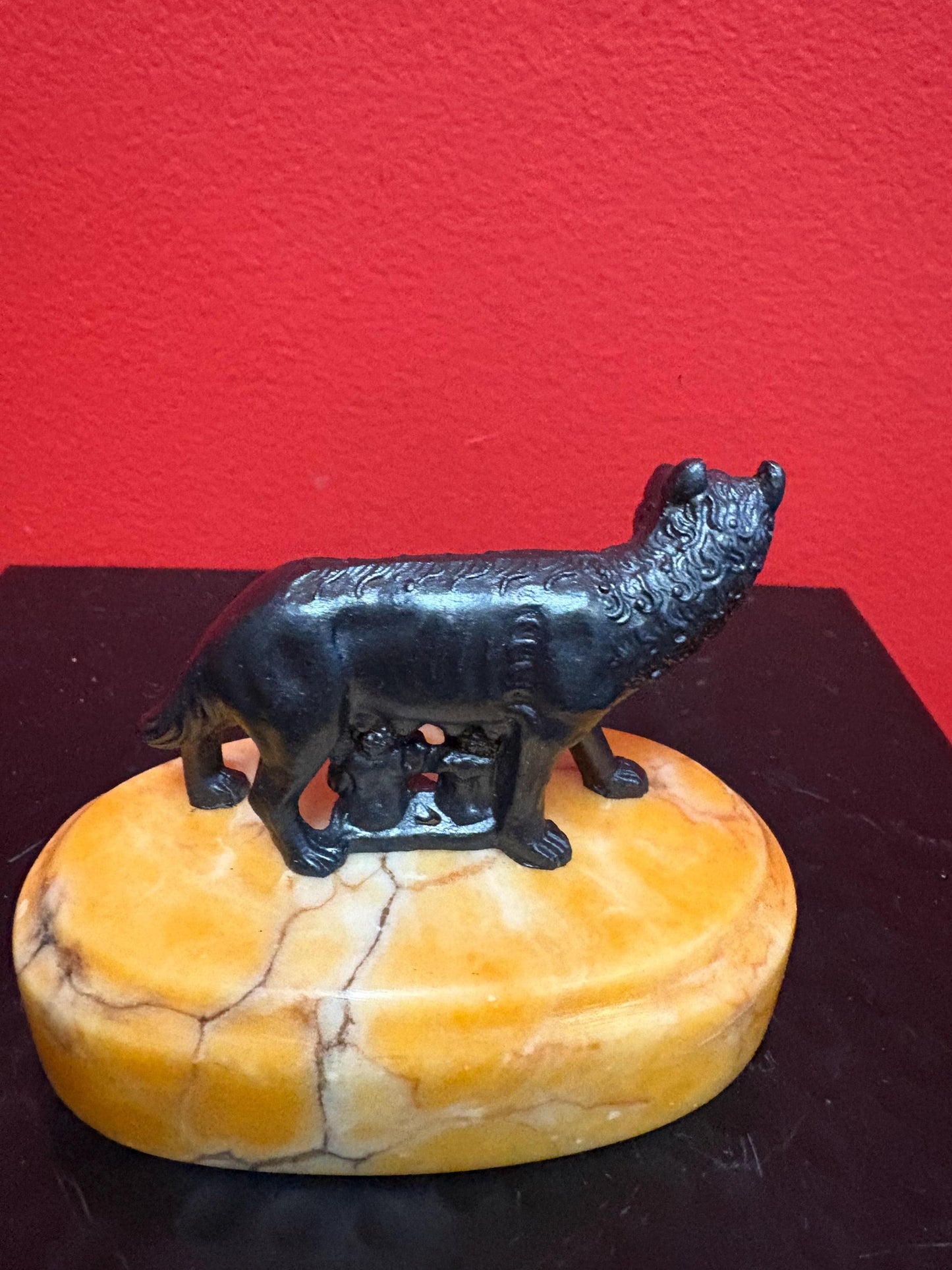 Lovely 3 1/2 x 3 high bronze statue of a fox with people hiding under on marble  stand  great condition and unique