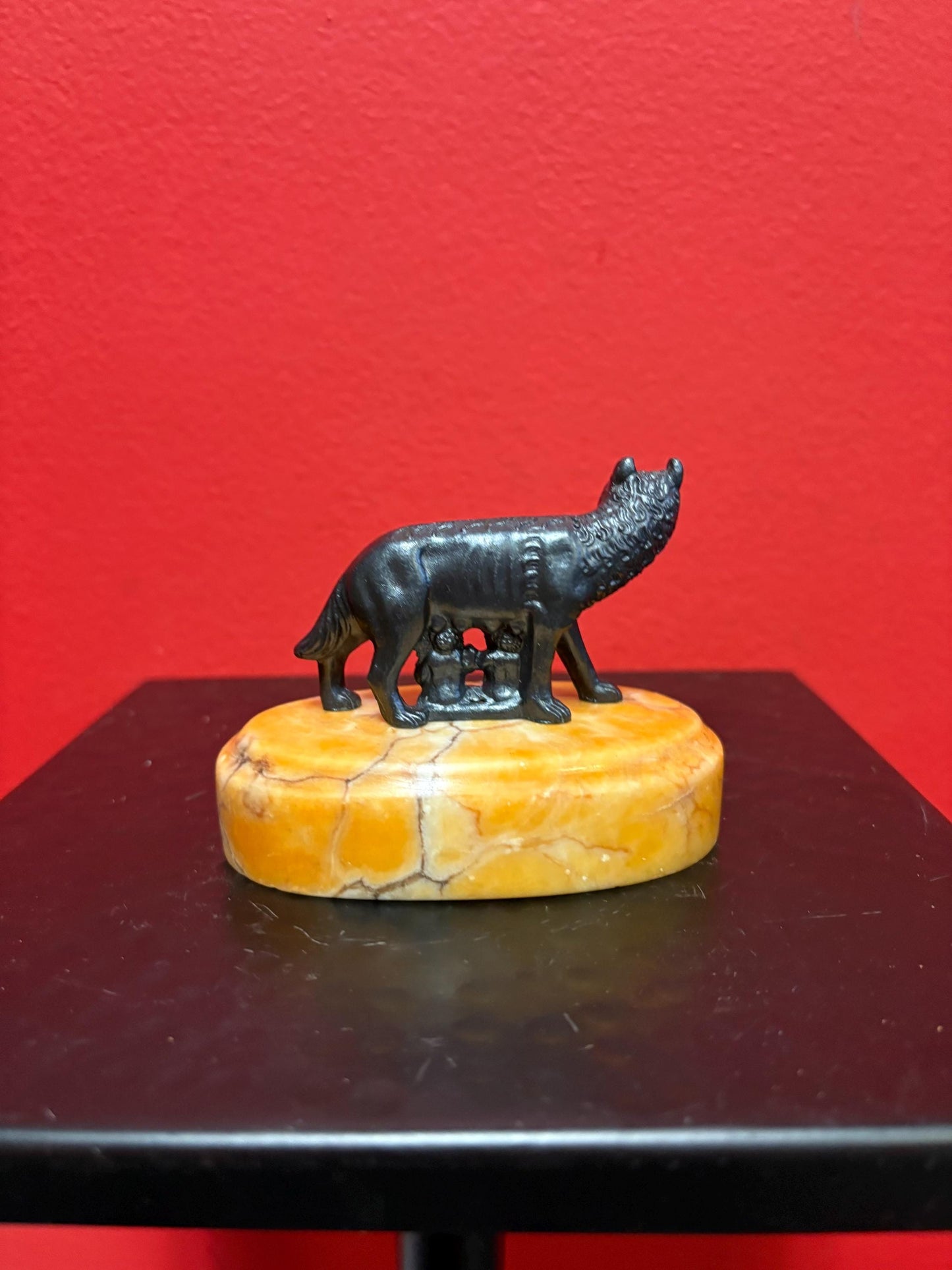 Lovely 3 1/2 x 3 high bronze statue of a fox with people hiding under on marble  stand  great condition and unique