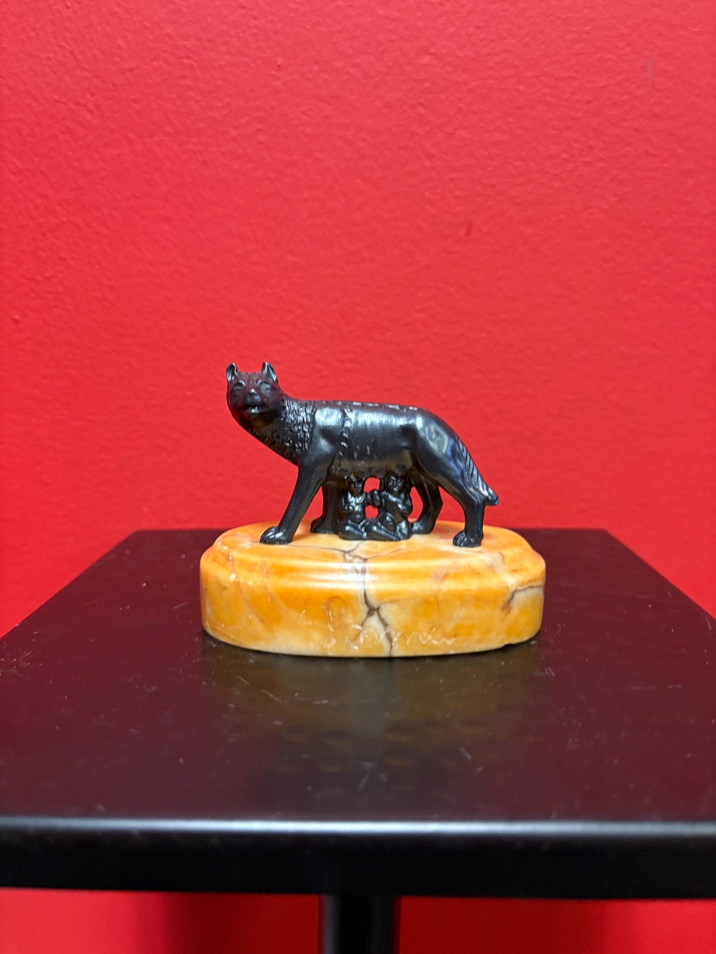 Lovely 3 1/2 x 3 high bronze statue of a fox with people hiding under on marble  stand  great condition and unique