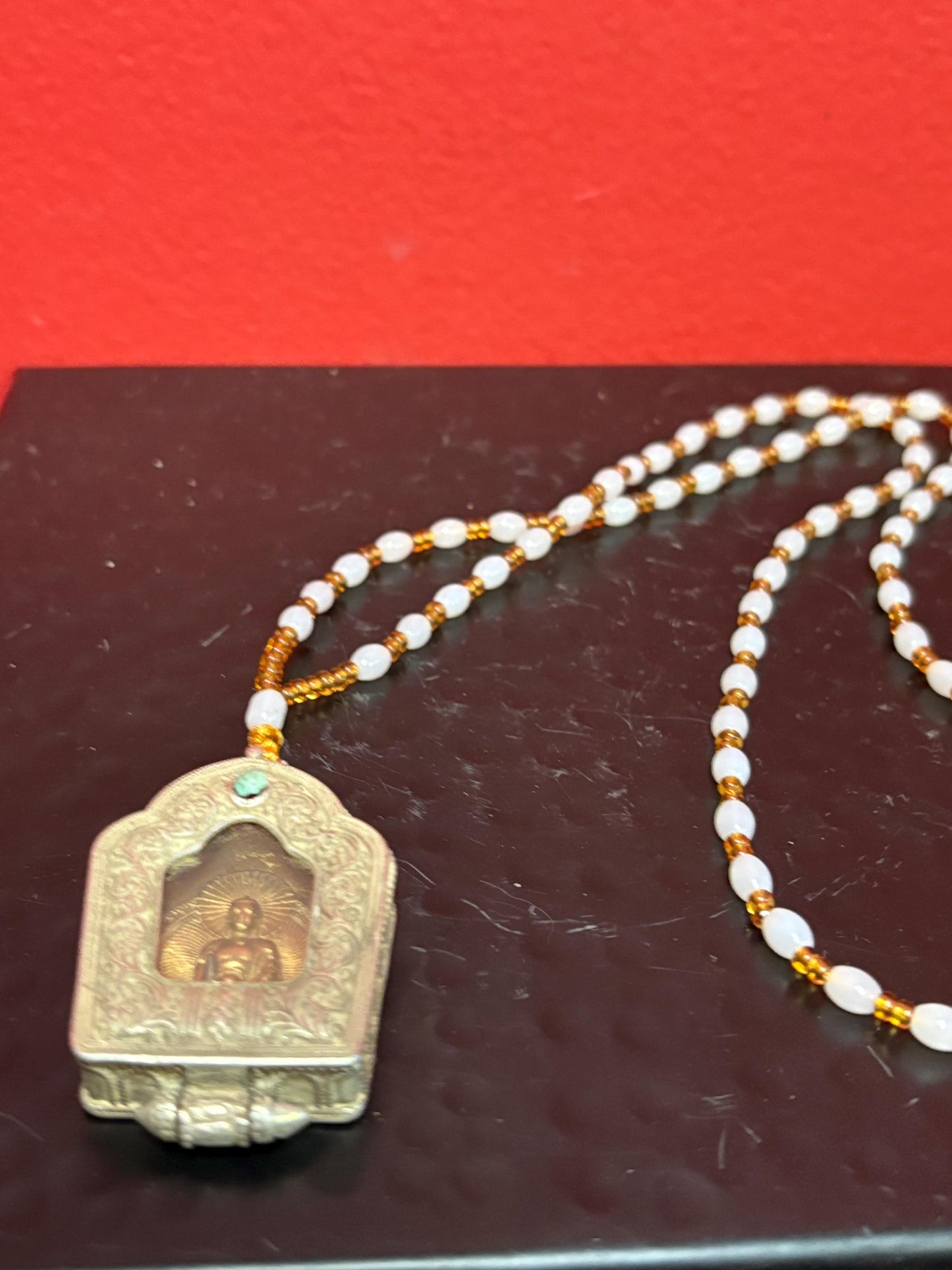 Absolutely stunning Tibetan silver miniature shrine pendant - 2 inches long with a pink Jade necklace approx 26 inch long necklace  wow