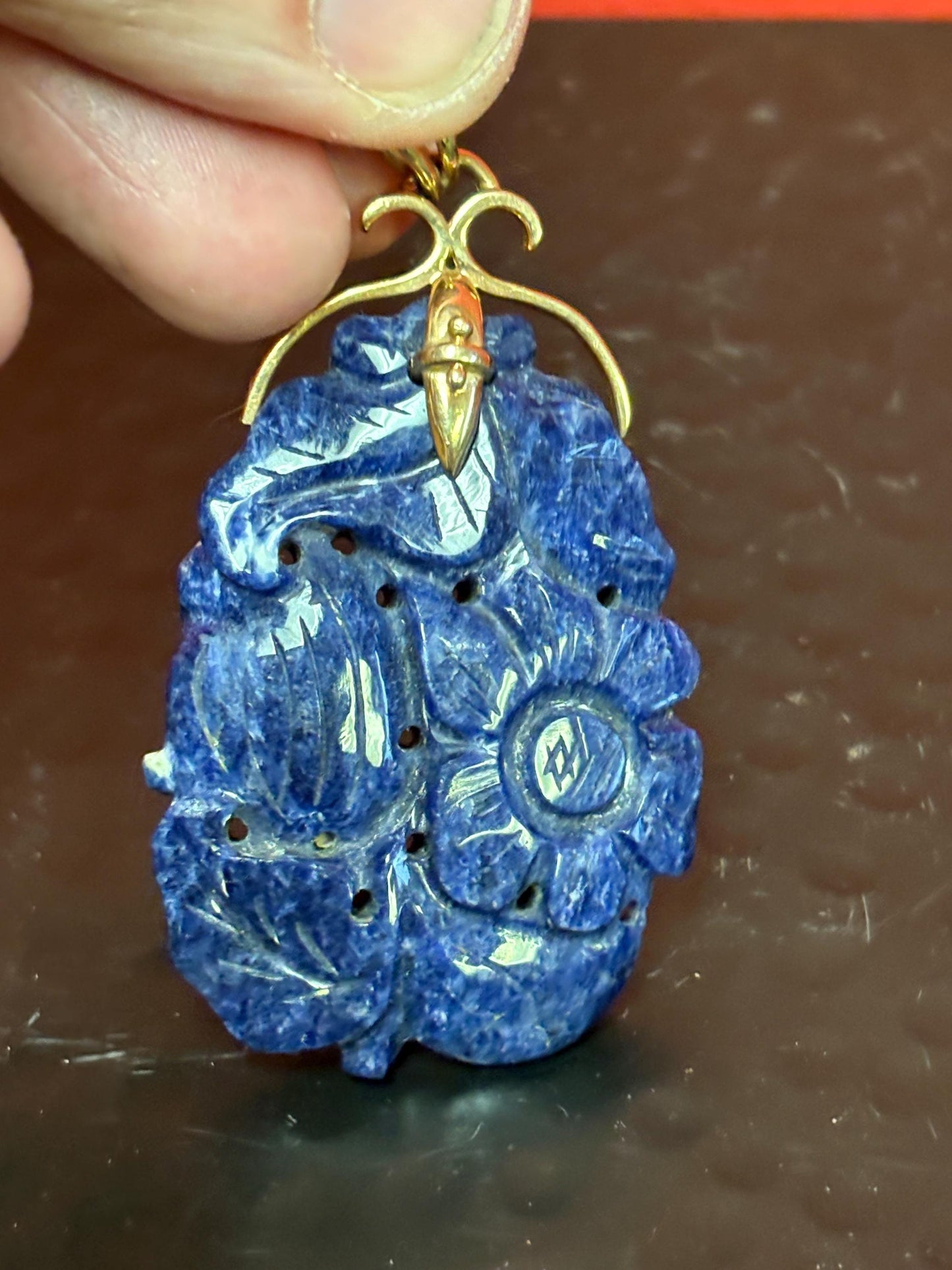 Absolutely beautiful 14K and lapis pendant  Chinese antique with intricate detailing  wonderful gift or wear it  2 1/2 inches long- B