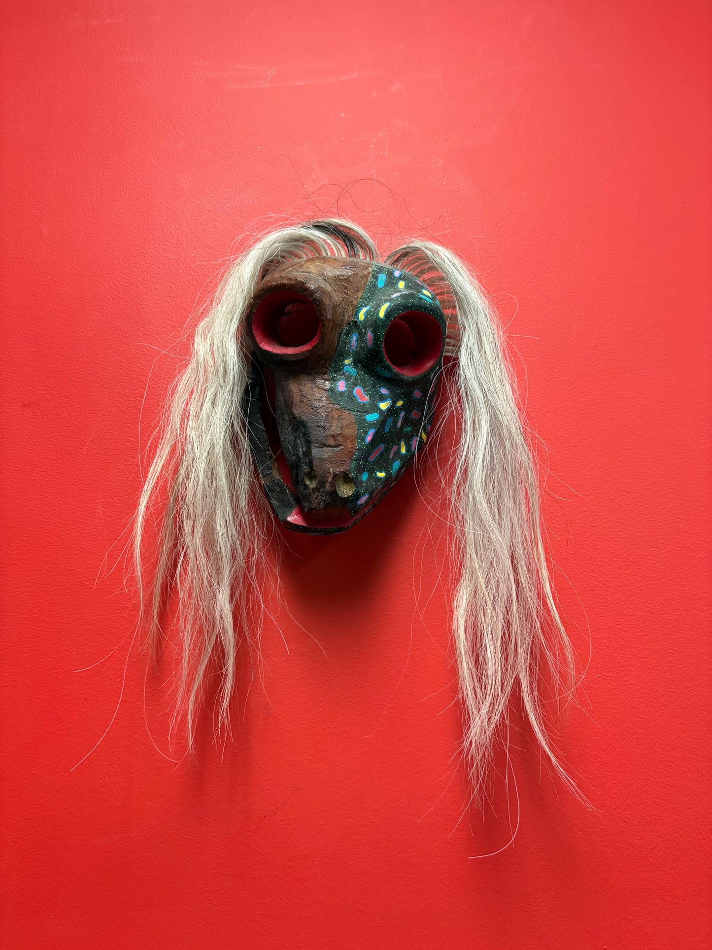 Magnificent  10 x 6 1/2 southwest American dancing mask - wooden with hair  signed and great detail