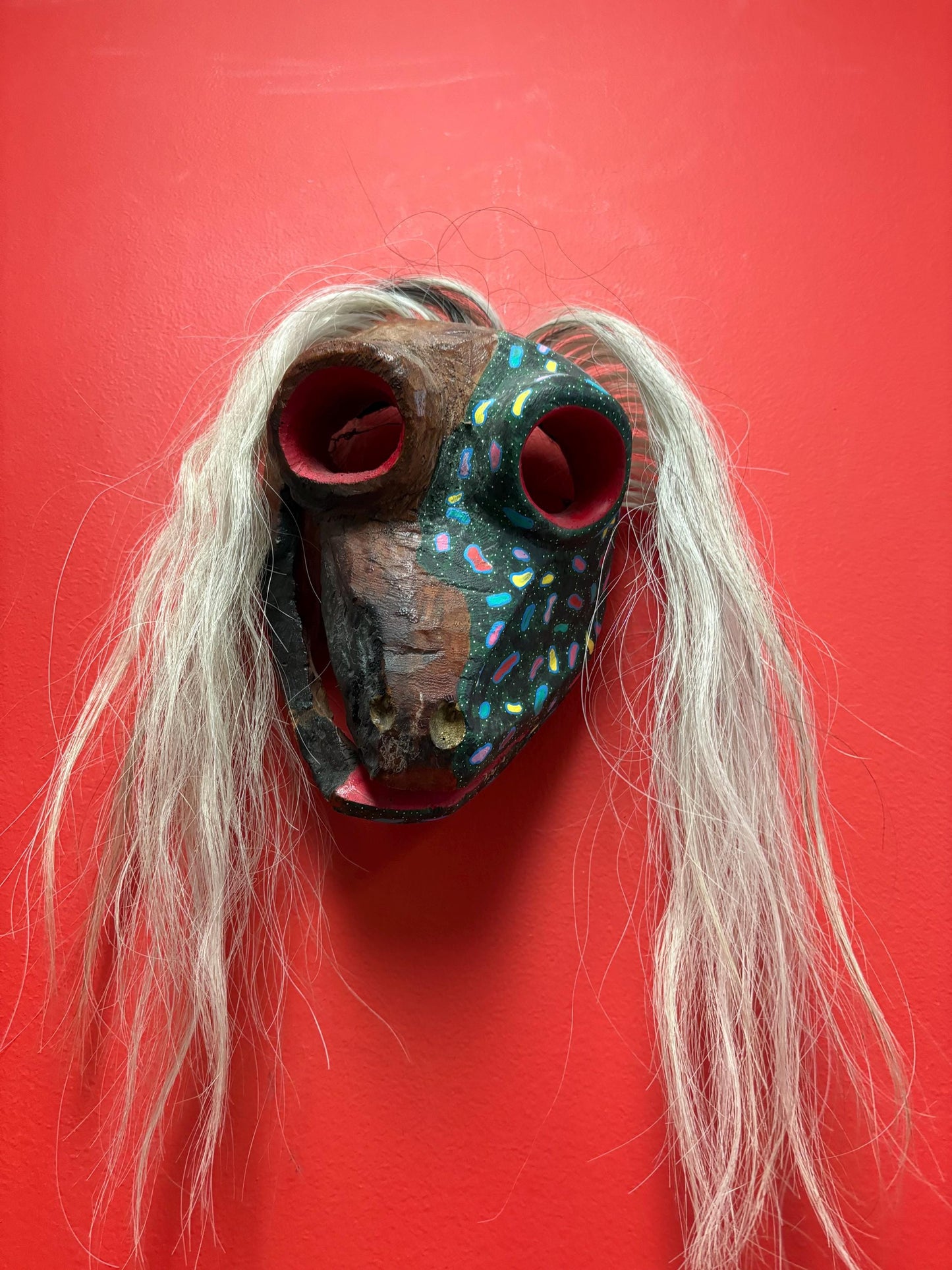 Magnificent  10 x 6 1/2 southwest American dancing mask - wooden with hair  signed and great detail