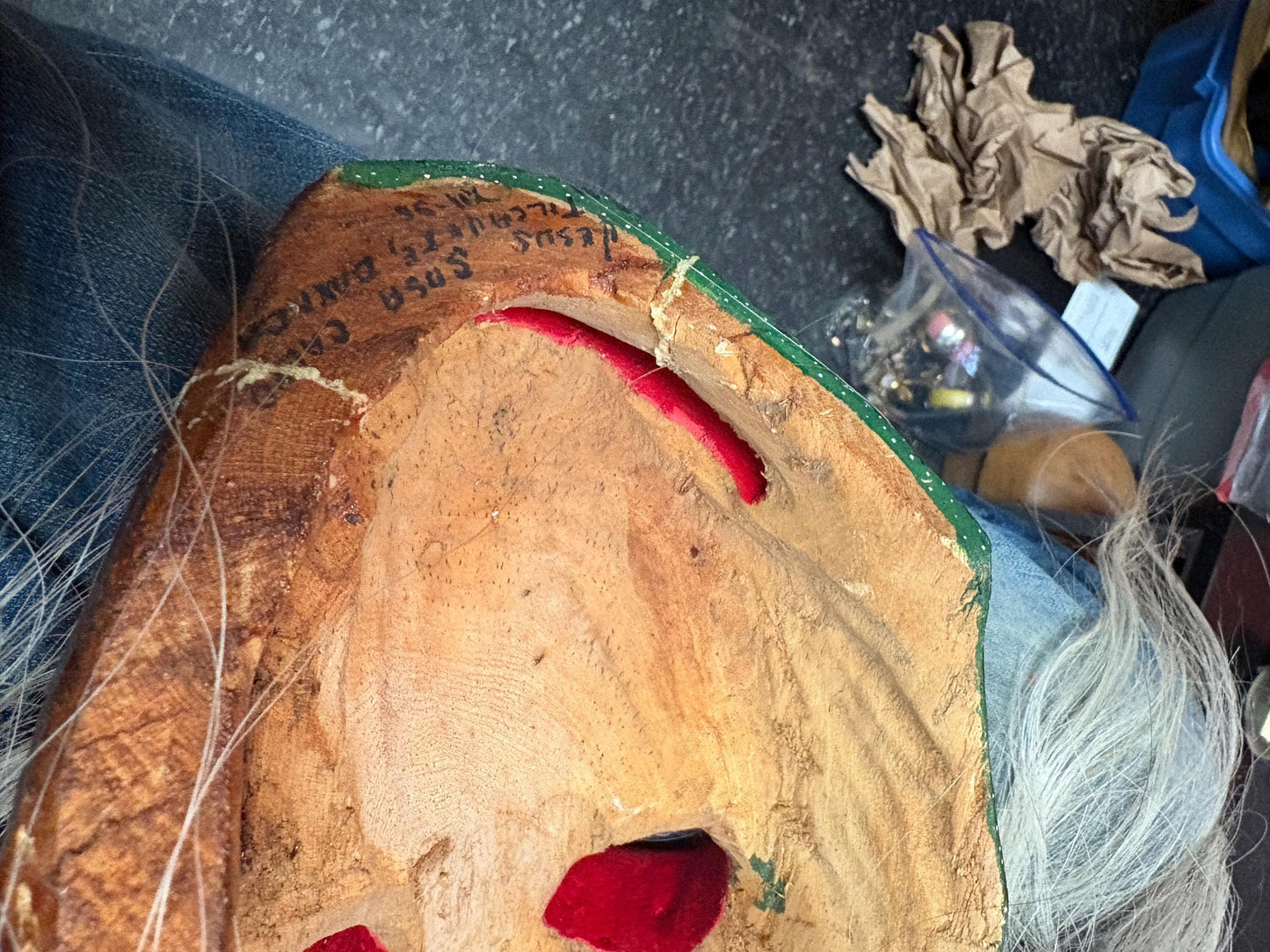 Magnificent  10 x 6 1/2 southwest American dancing mask - wooden with hair  signed and great detail