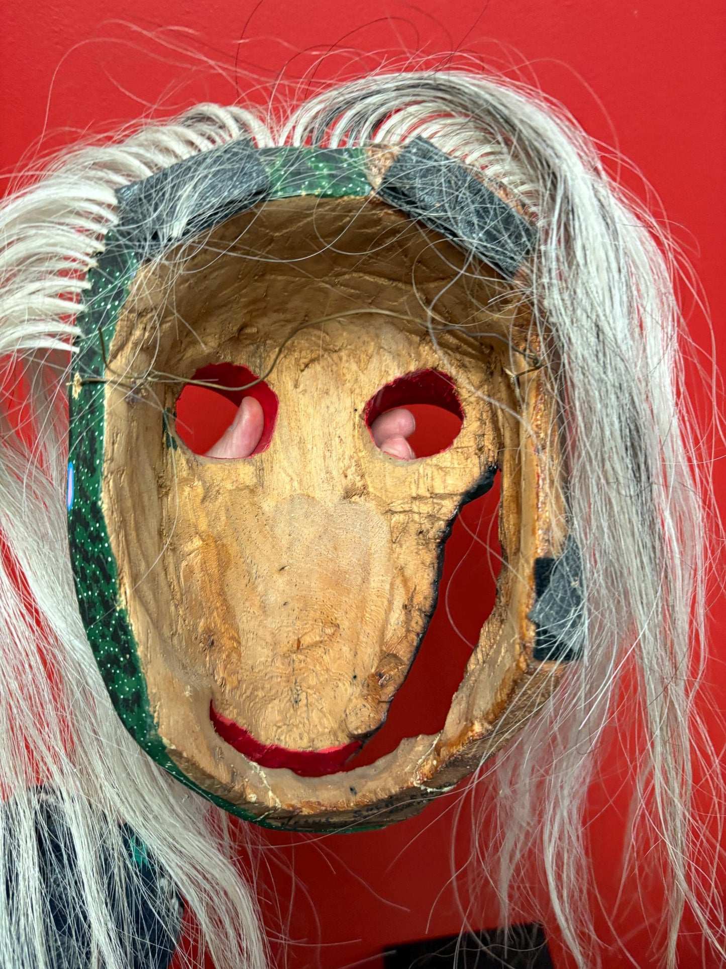 Magnificent  10 x 6 1/2 southwest American dancing mask - wooden with hair  signed and great detail