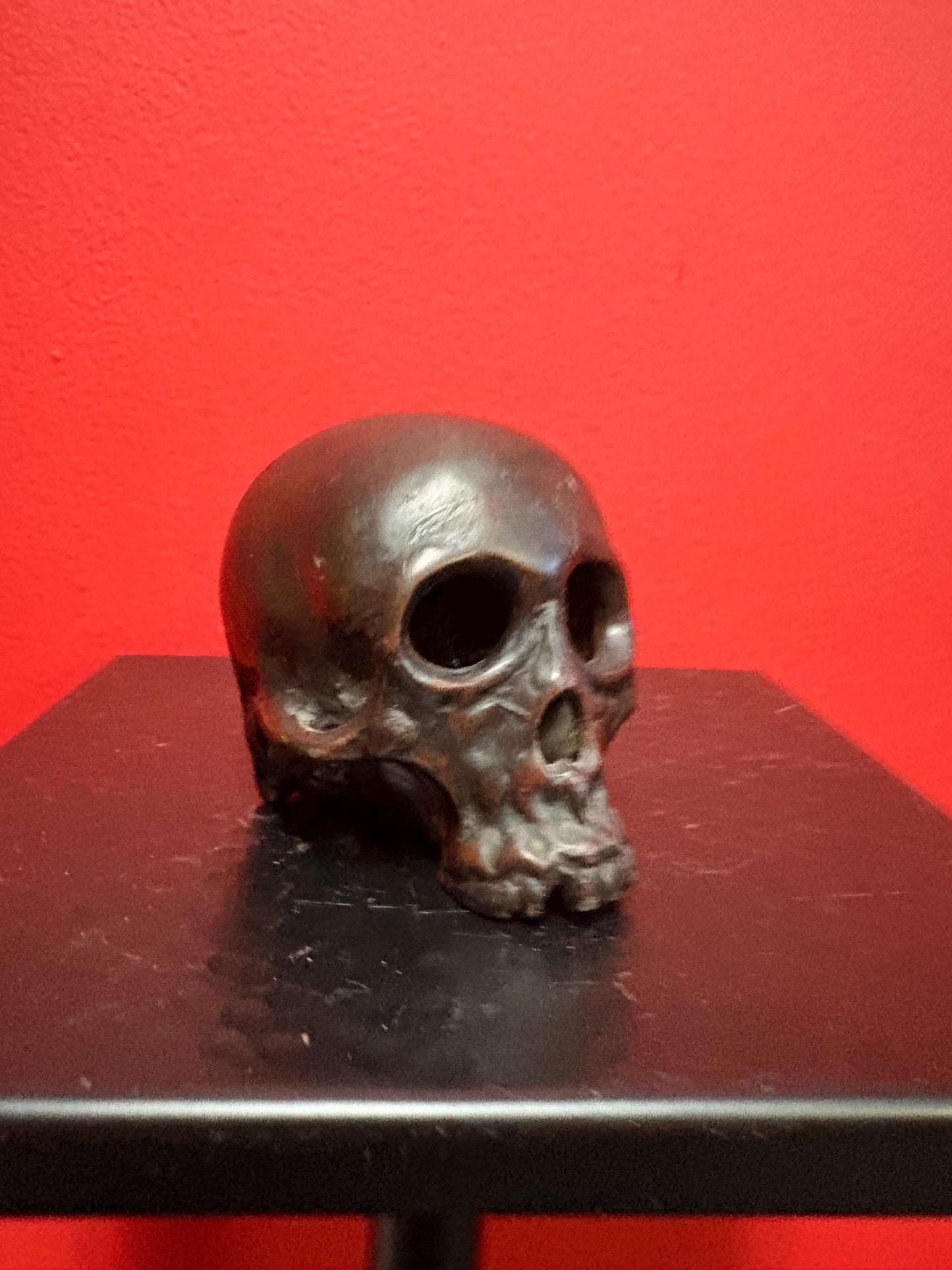 Stunning 3 inch old bronze skull bust   amazing patina  very heavy and great detail  special piece   perfect gift