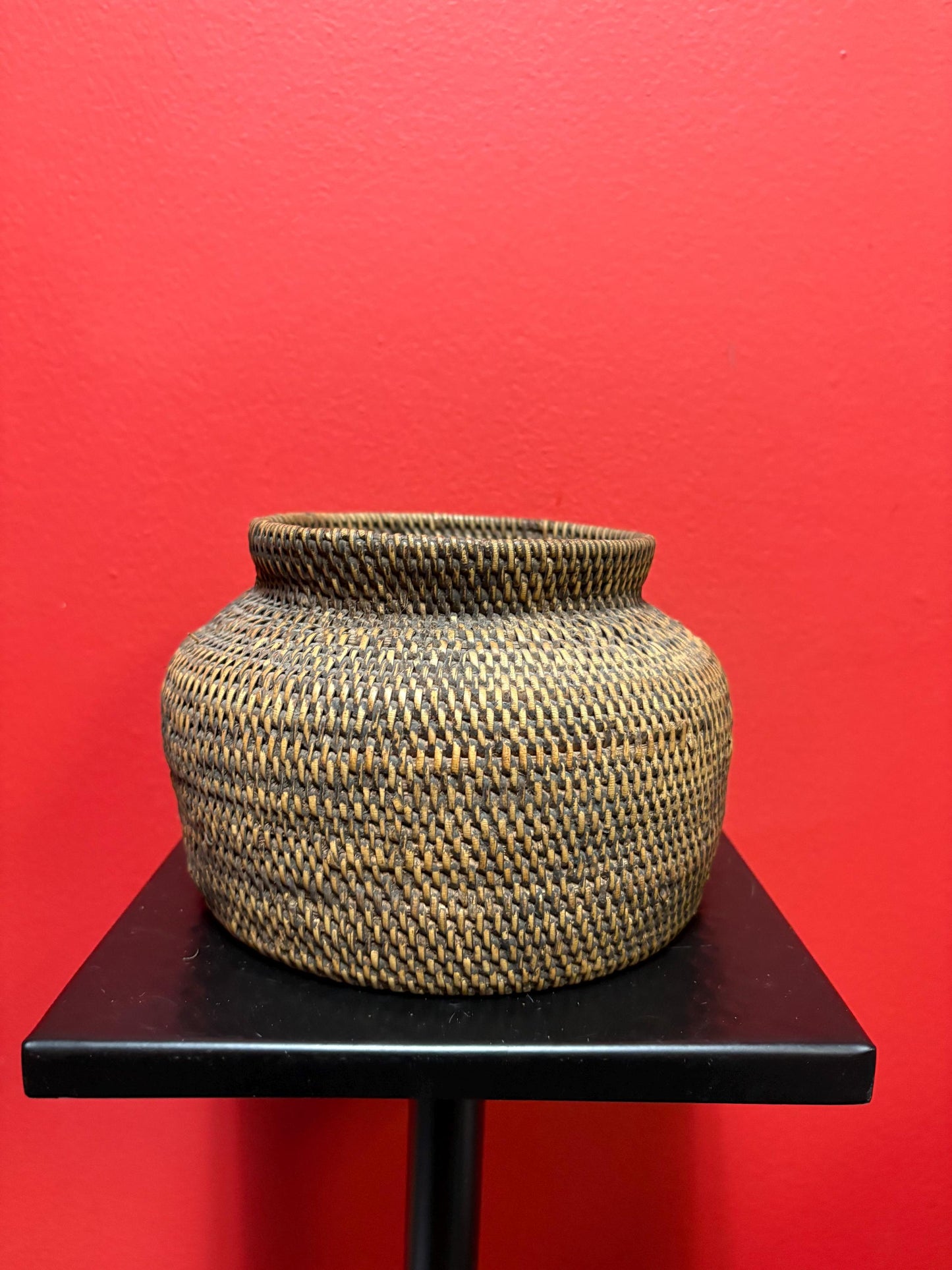 Beautiful Canadian indigenous first nation 6 x 5 high  basket in mint condition  unusual shape and style