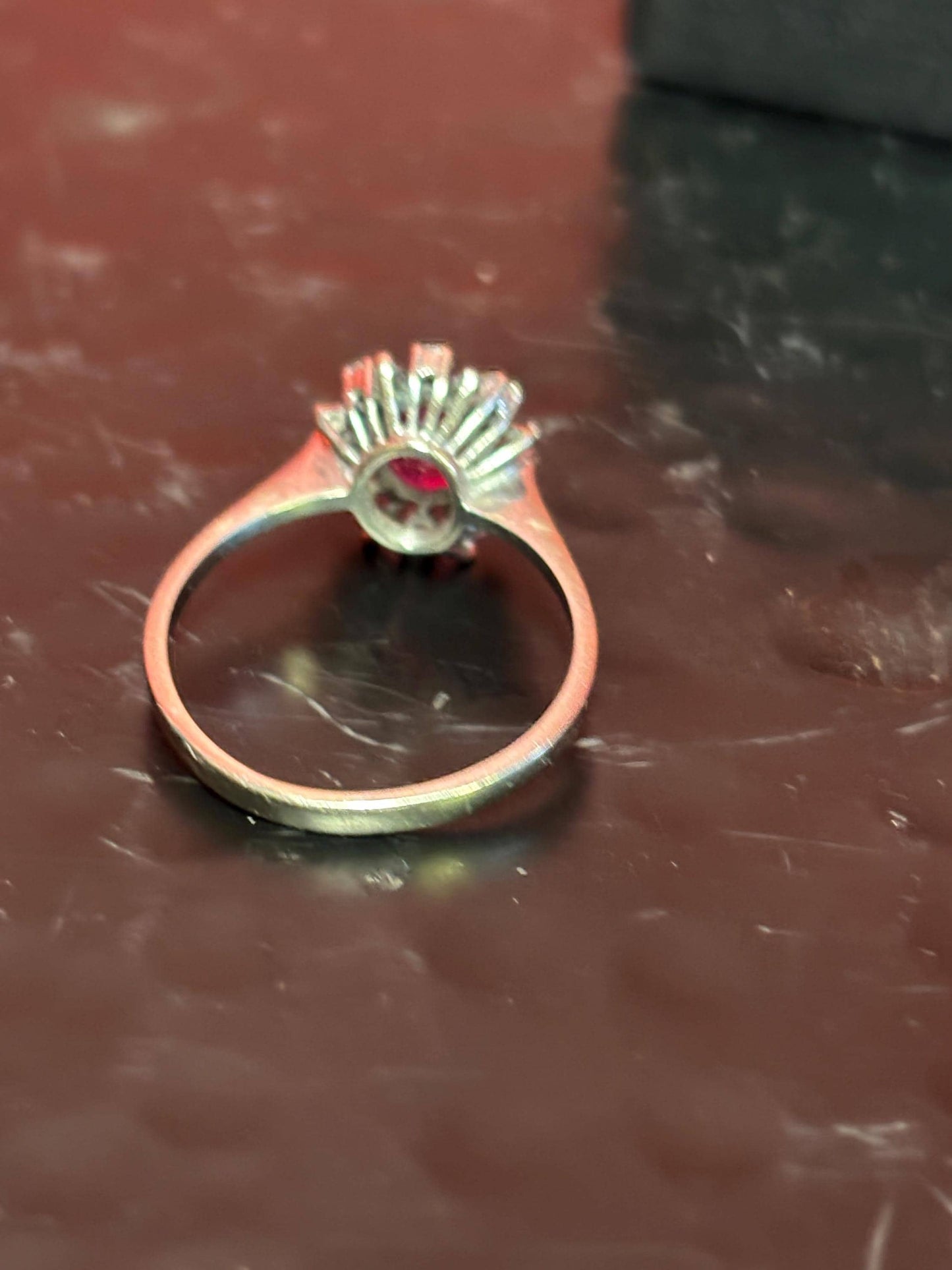 Stunning 15 K white gold ruby and diamond ring an elegant stunner  size 7.75  one of a kind - B -