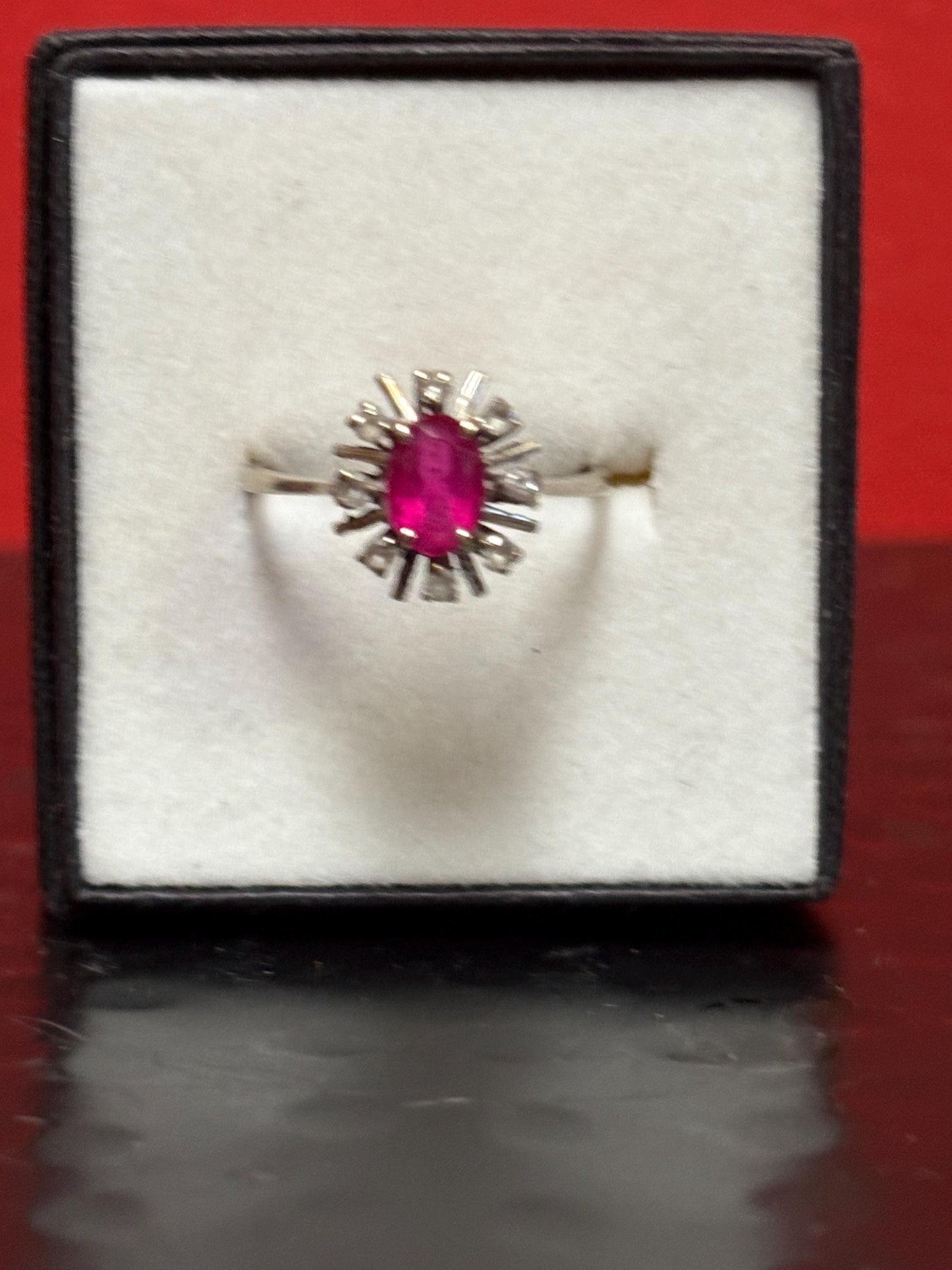 Stunning 15 K white gold ruby and diamond ring an elegant stunner  size 7.75  one of a kind - B -