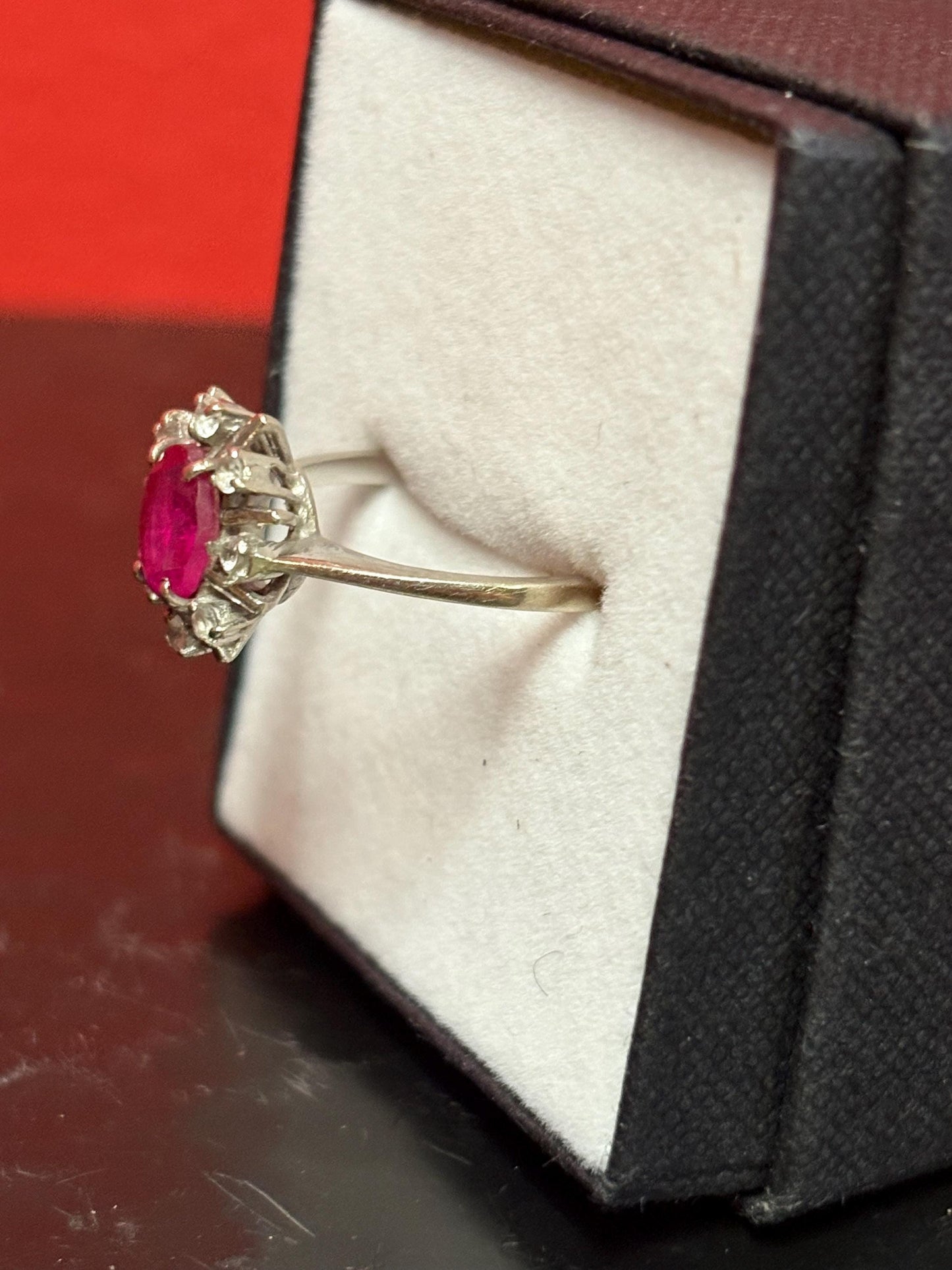 Stunning 15 K white gold ruby and diamond ring an elegant stunner  size 7.75  one of a kind - B -