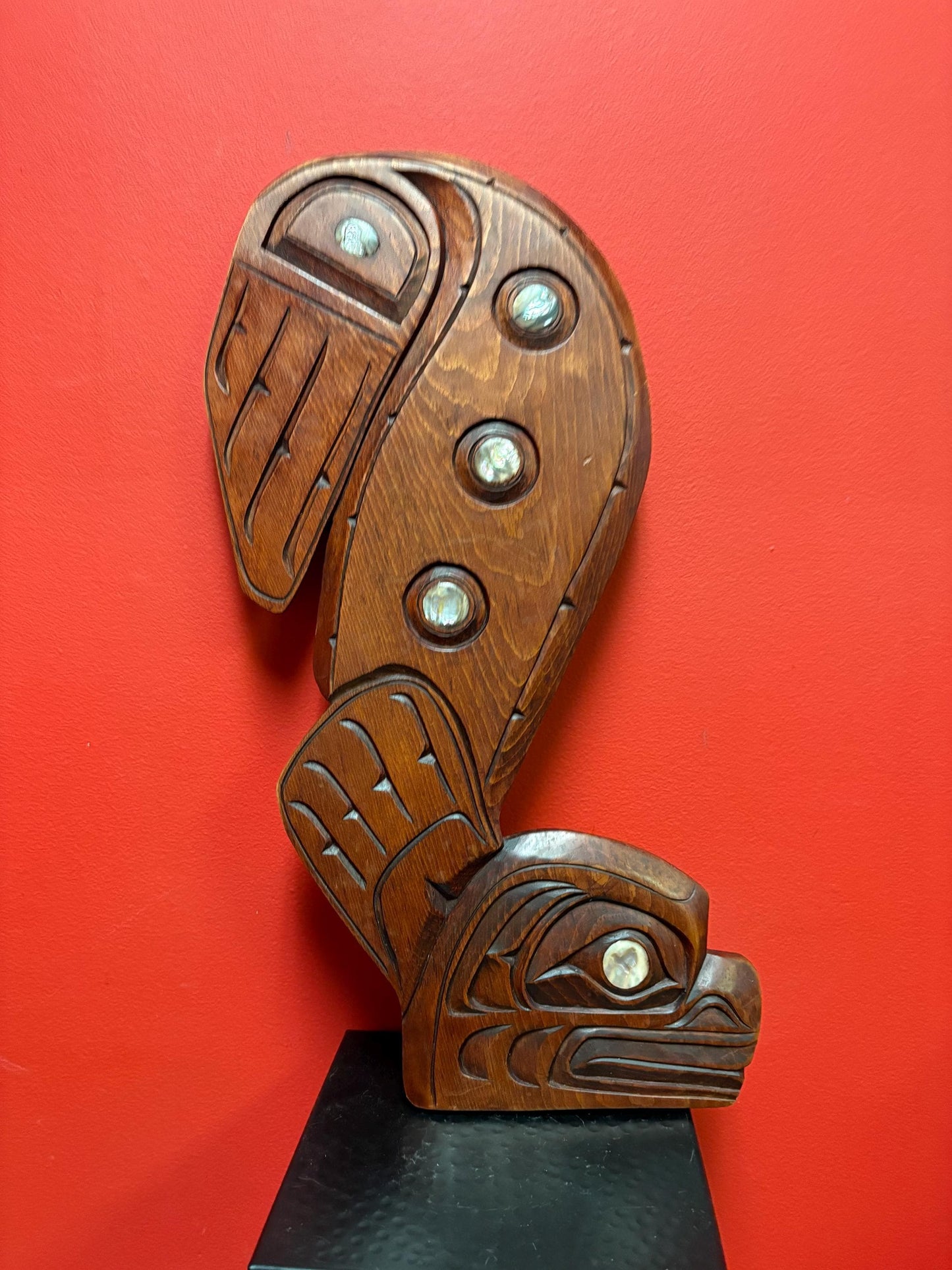 Beautiful indigenous first nation pacific north West Coast Sampson Robertson 20 x 9 inch plaque  heron and seal with abalone  wow