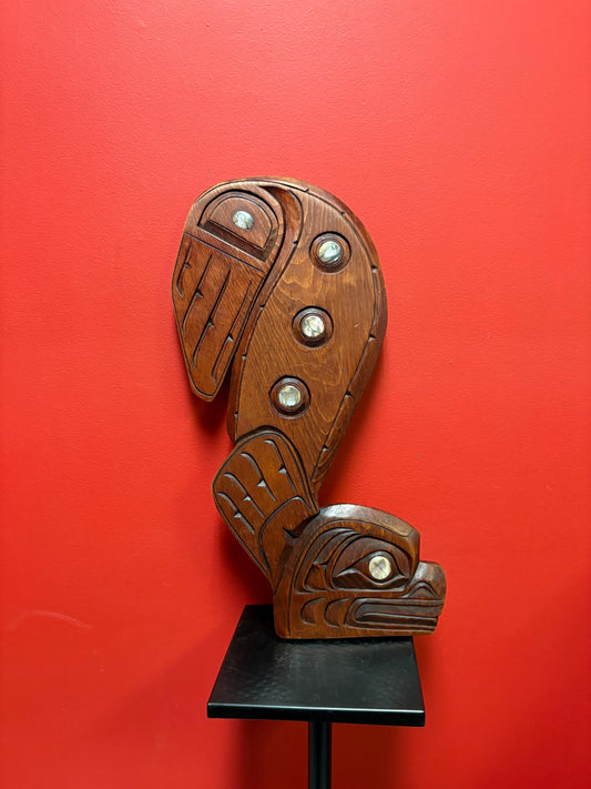 Beautiful indigenous first nation pacific north West Coast Sampson Robertson 20 x 9 inch plaque  heron and seal with abalone  wow