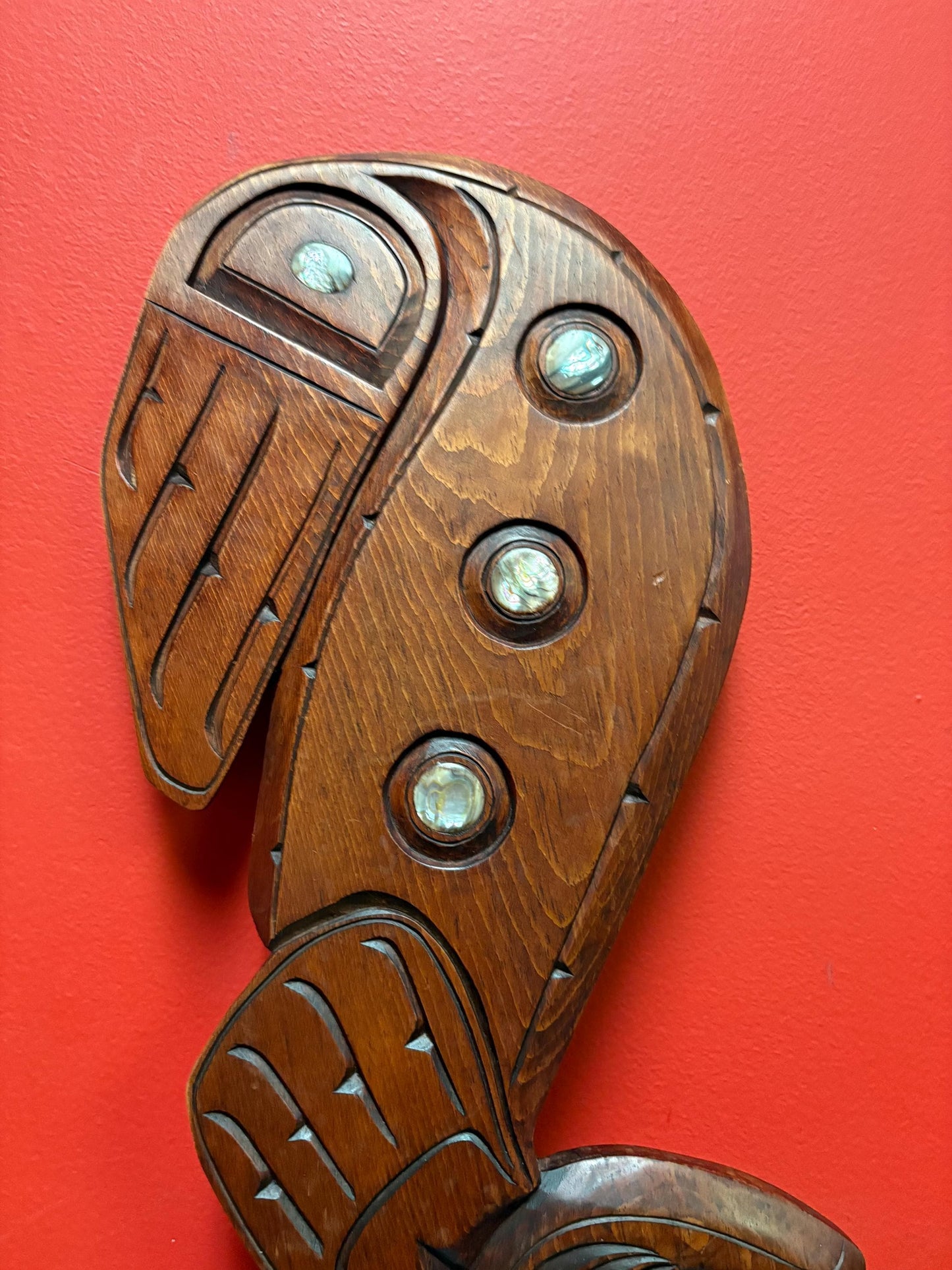 Beautiful indigenous first nation pacific north West Coast Sampson Robertson 20 x 9 inch plaque  heron and seal with abalone  wow