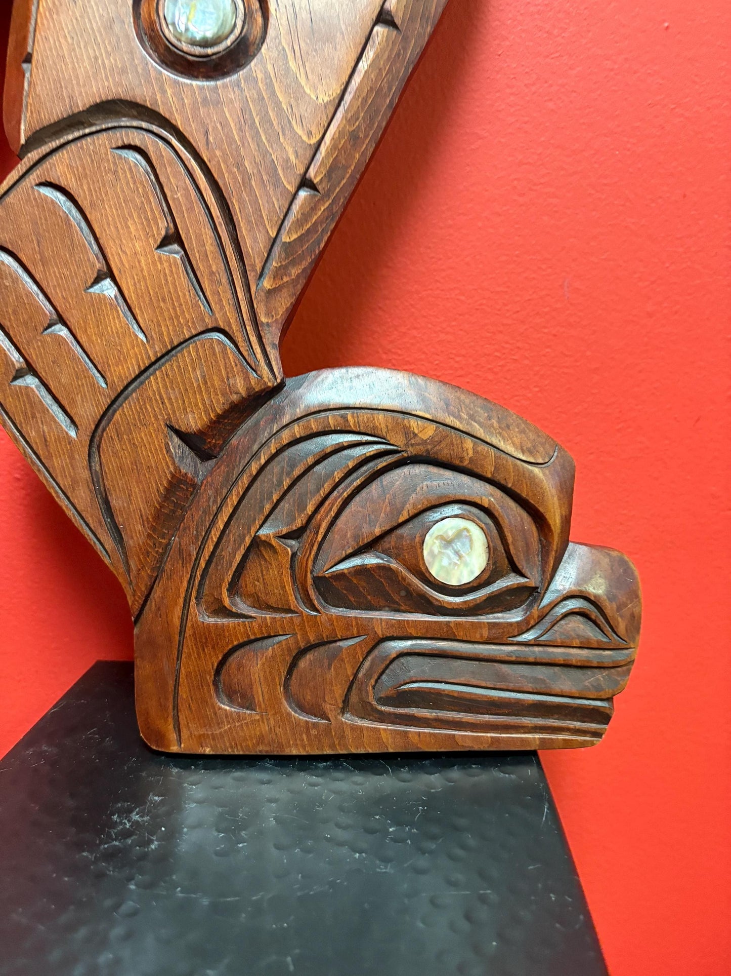 Beautiful indigenous first nation pacific north West Coast Sampson Robertson 20 x 9 inch plaque  heron and seal with abalone  wow