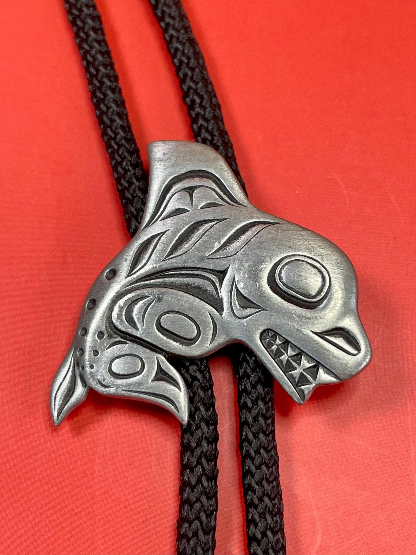35 inch Bolo Tie with Pewter Orca  First Nations beauty
