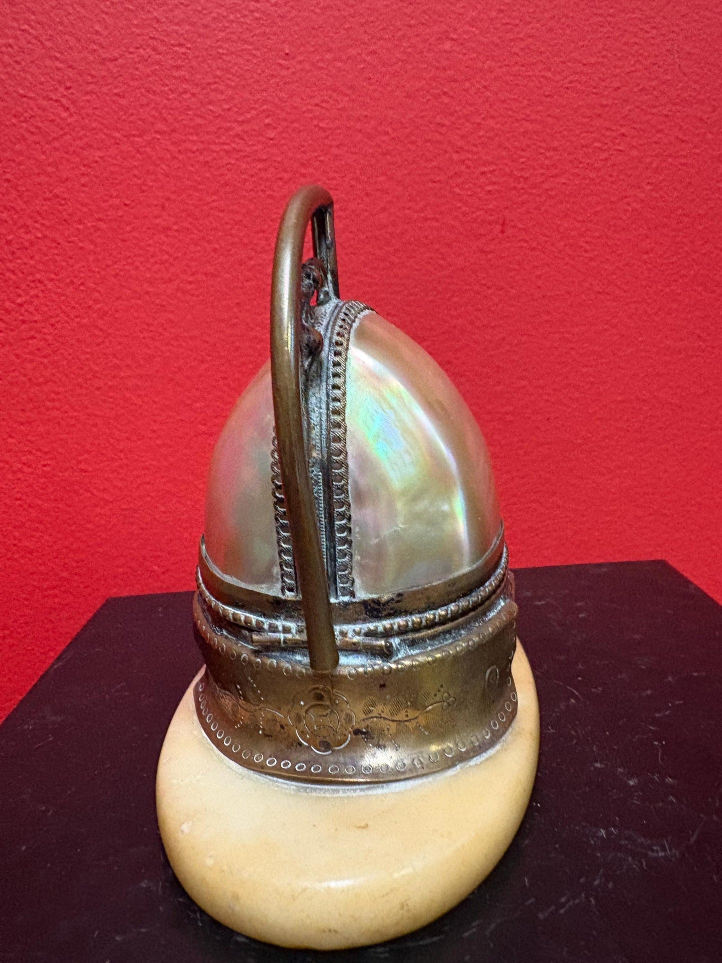 Magnificent antique French mens military pocket watch holder in the shape of a helmet with brass onyx and abalone in mint condition  5 x 5