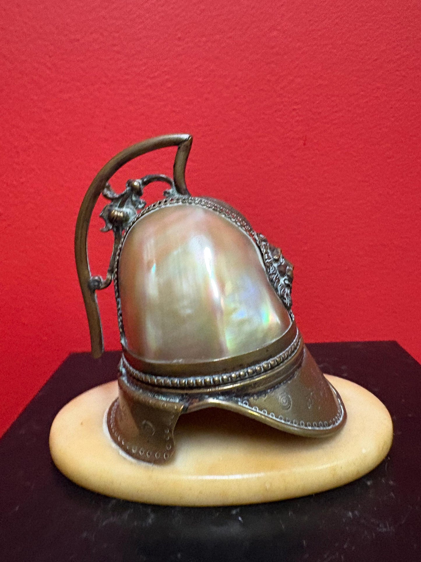 Magnificent antique French mens military pocket watch holder in the shape of a helmet with brass onyx and abalone in mint condition  5 x 5