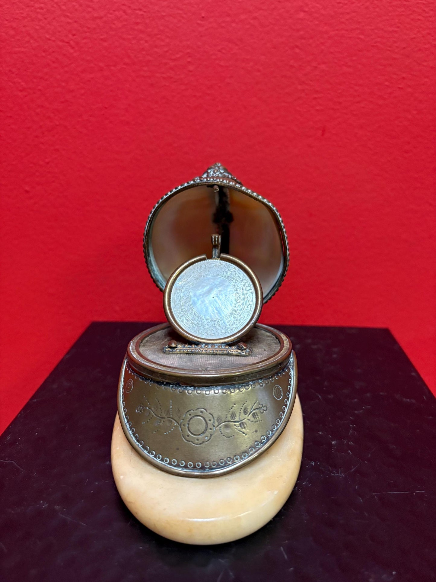 Magnificent antique French mens military pocket watch holder in the shape of a helmet with brass onyx and abalone in mint condition  5 x 5