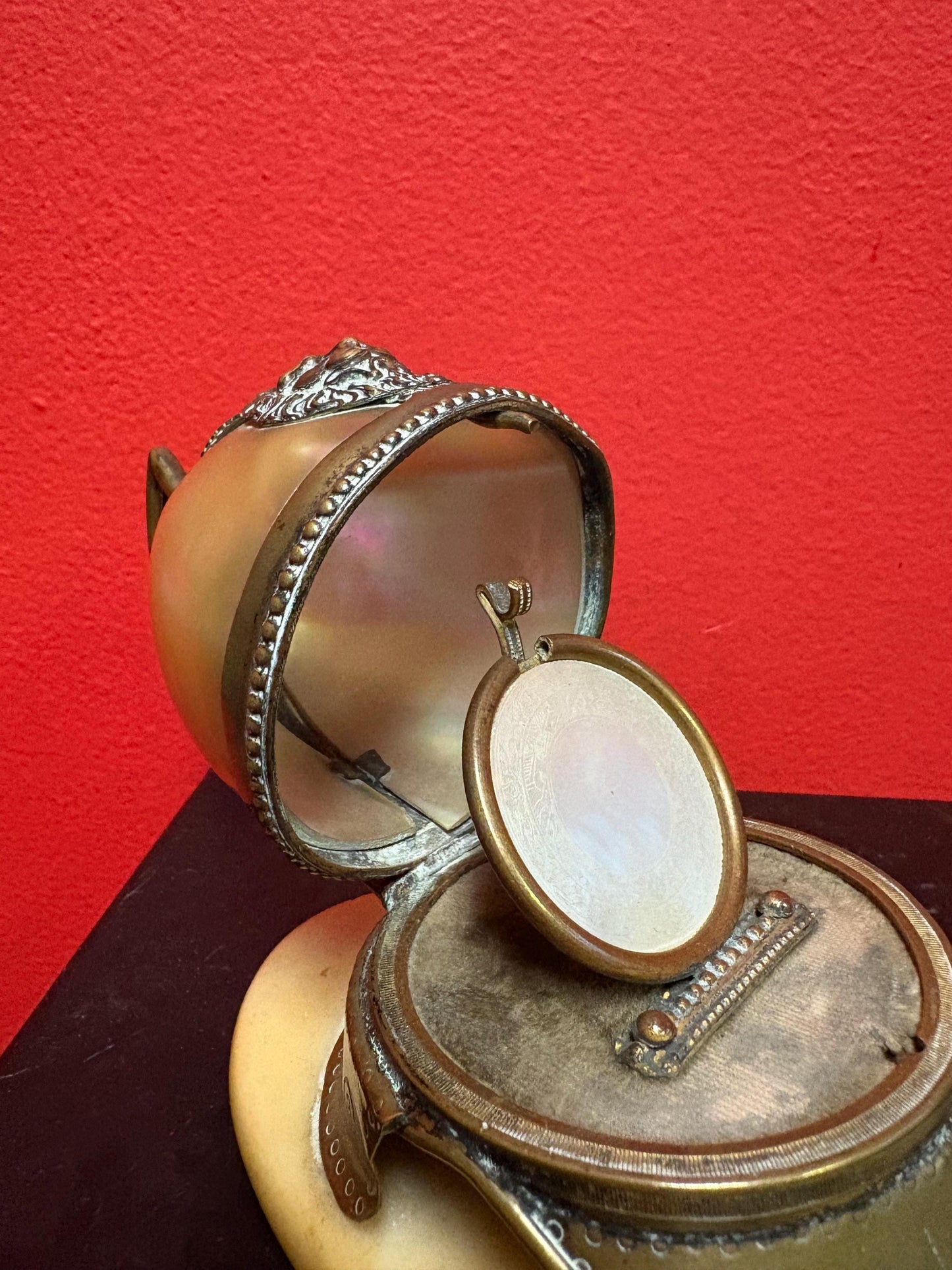 Magnificent antique French mens military pocket watch holder in the shape of a helmet with brass onyx and abalone in mint condition  5 x 5