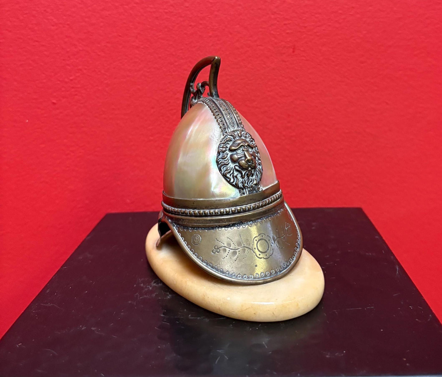 Magnificent antique French mens military pocket watch holder in the shape of a helmet with brass onyx and abalone in mint condition  5 x 5