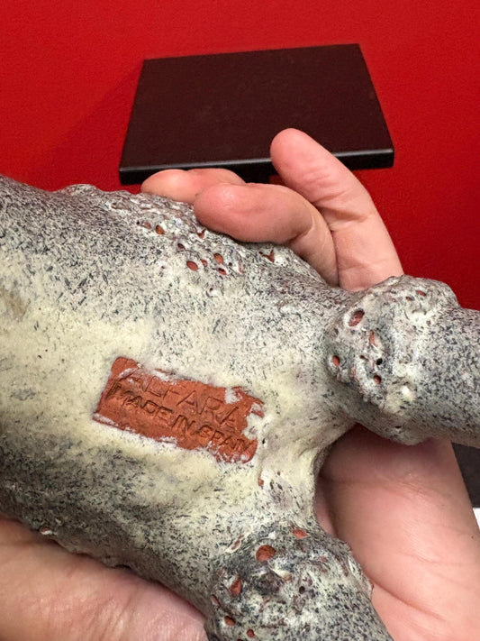 Ridiculously cool  9 x 9 inch 1950s MCM red clay ALFARAZ dog by Miguel Duran - loringa y Rodriguez  great condition  poodle dog