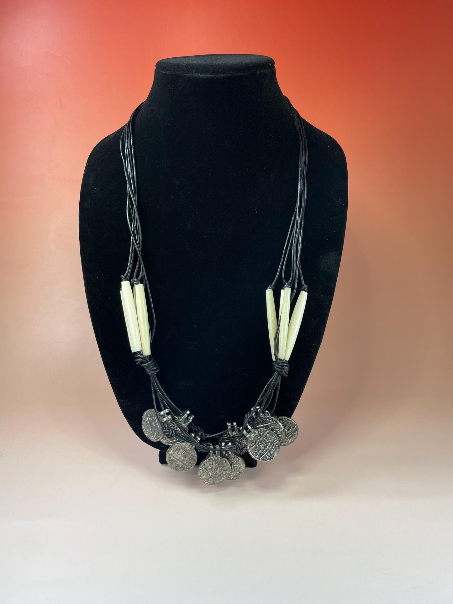 Unique Bone, Coin and Leather Corded Necklace