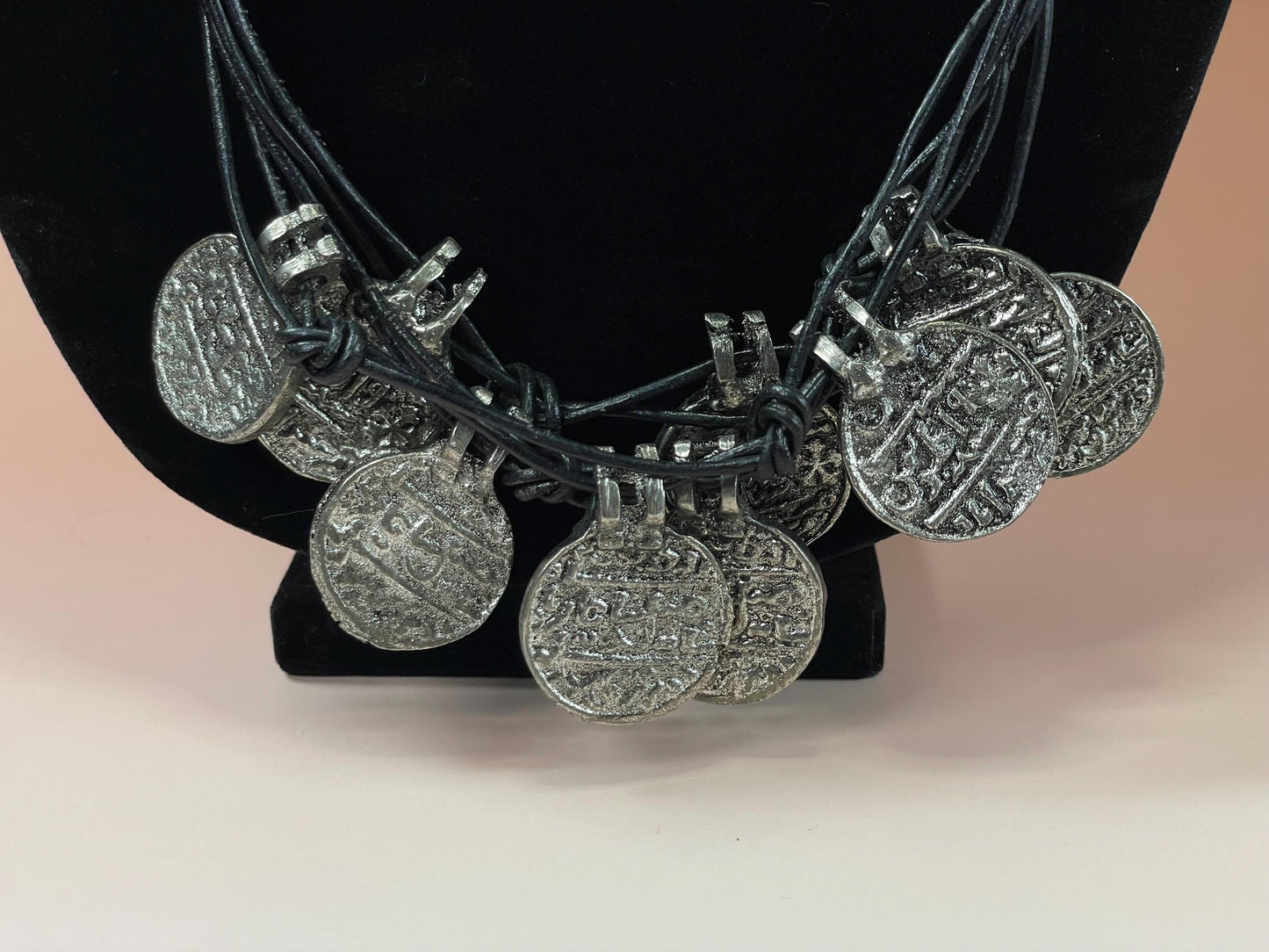 Unique Bone, Coin and Leather Corded Necklace