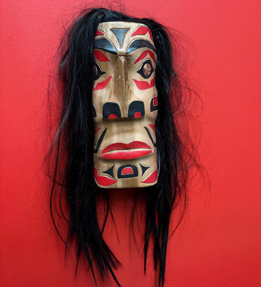 Stunning 13 x 5 inch Brad Joseph Junior indigenous native pacific north Northwest Coast mask  Great eyes and so much hair
