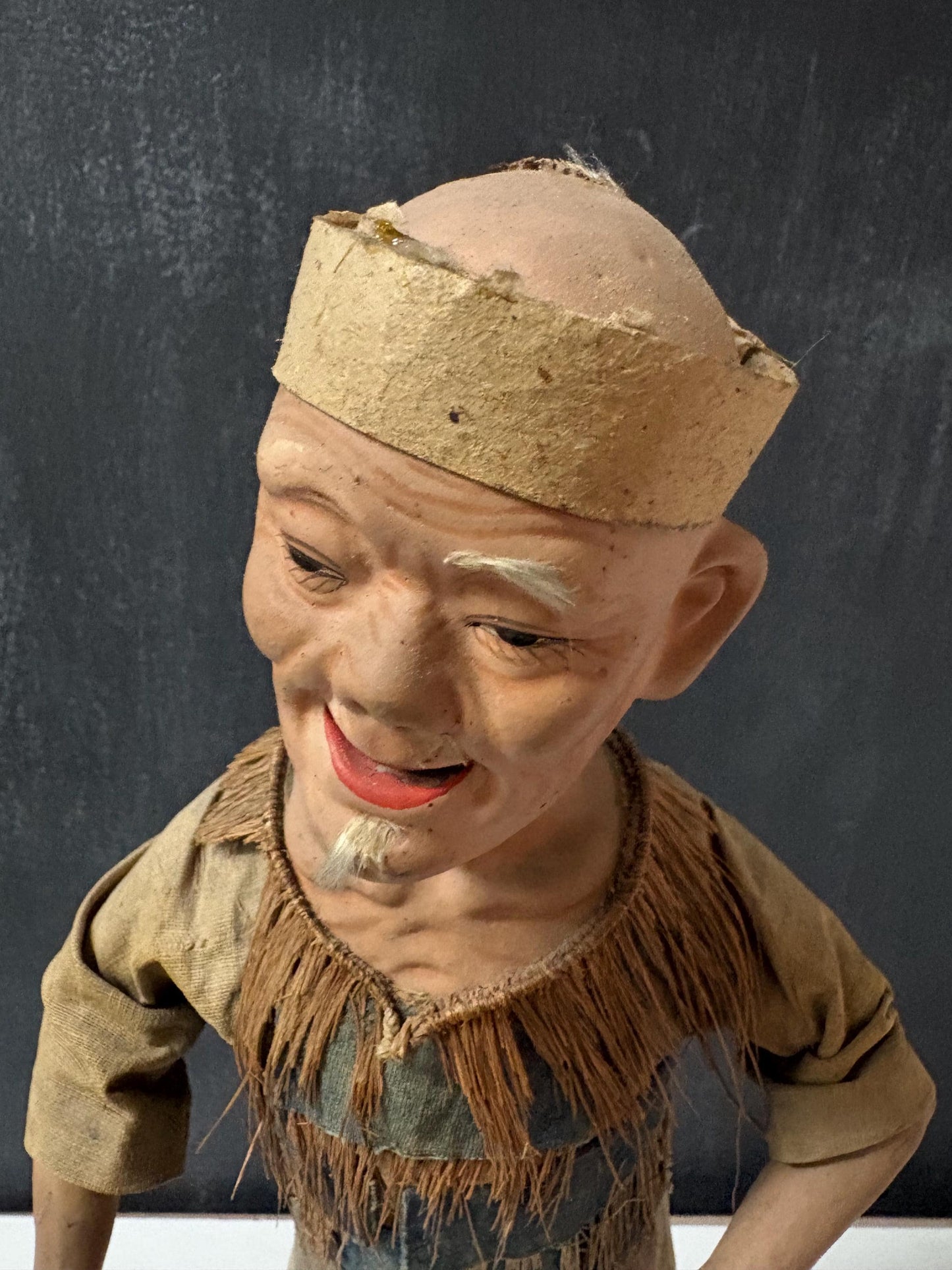 Stunning Chinese  18th century porcelain newspaper, straw and cloth statue of a man on wood stand  wow - 15 inches tall