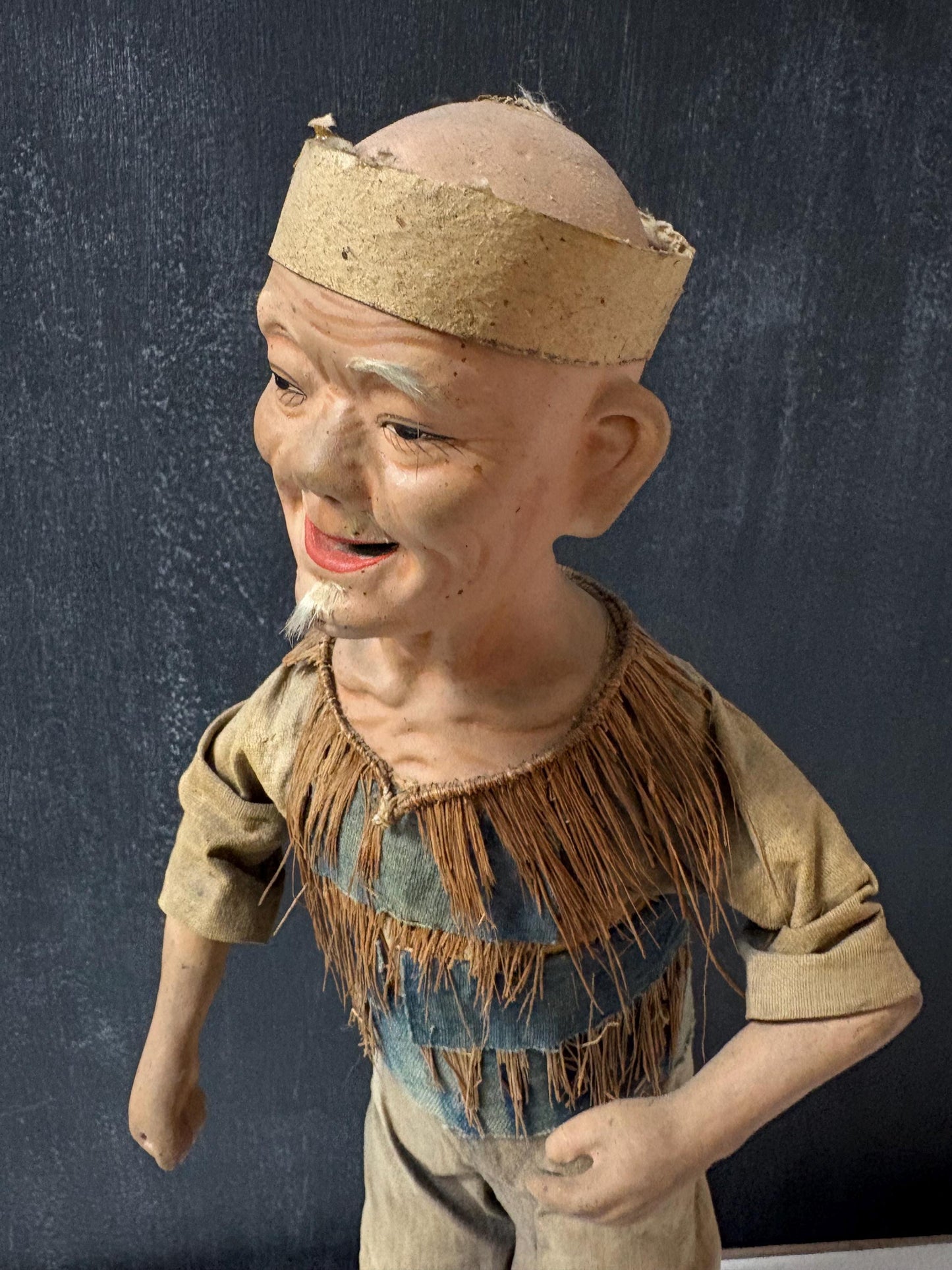 Stunning Chinese  18th century porcelain newspaper, straw and cloth statue of a man on wood stand  wow - 15 inches tall